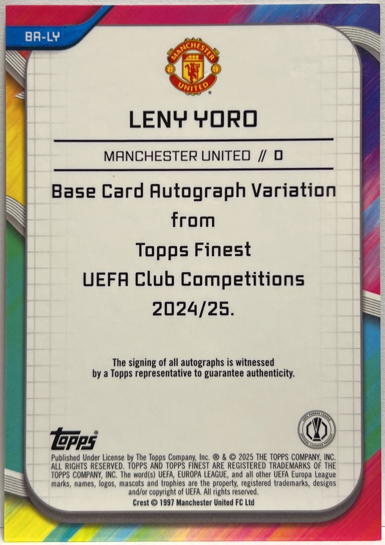 Leny Yoro 37/299 Autograph Purple Topps Finest UCC 2024/25
