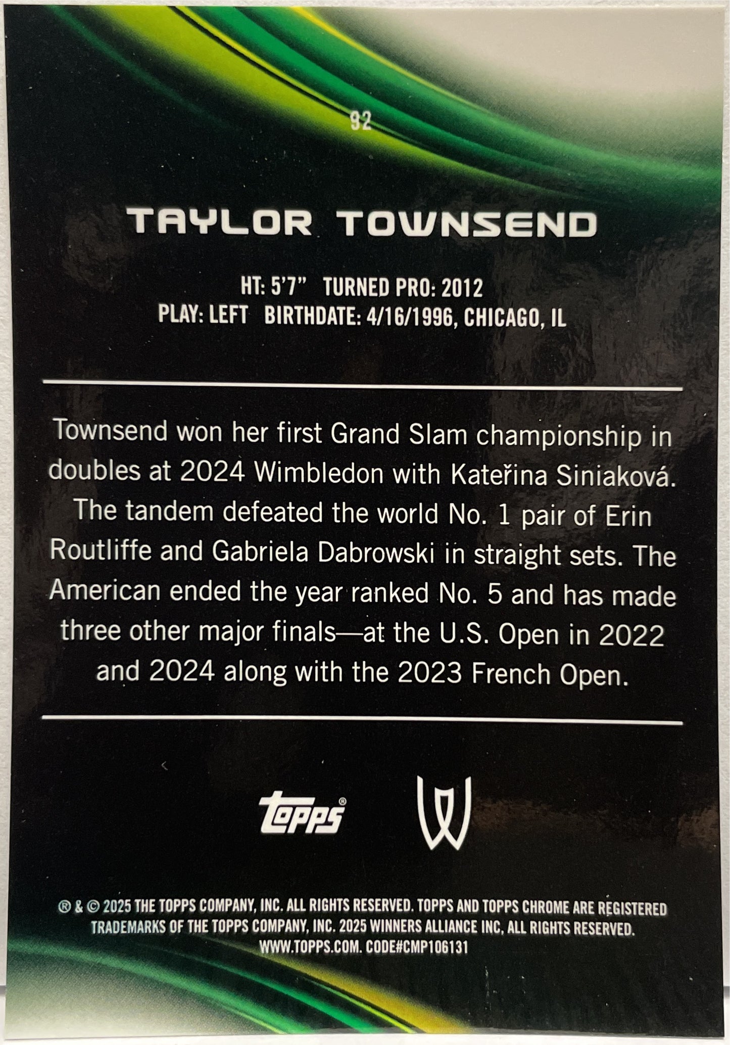 Tayor Townsend 40/125 Purple Green Topps Chrome Tennis 2025