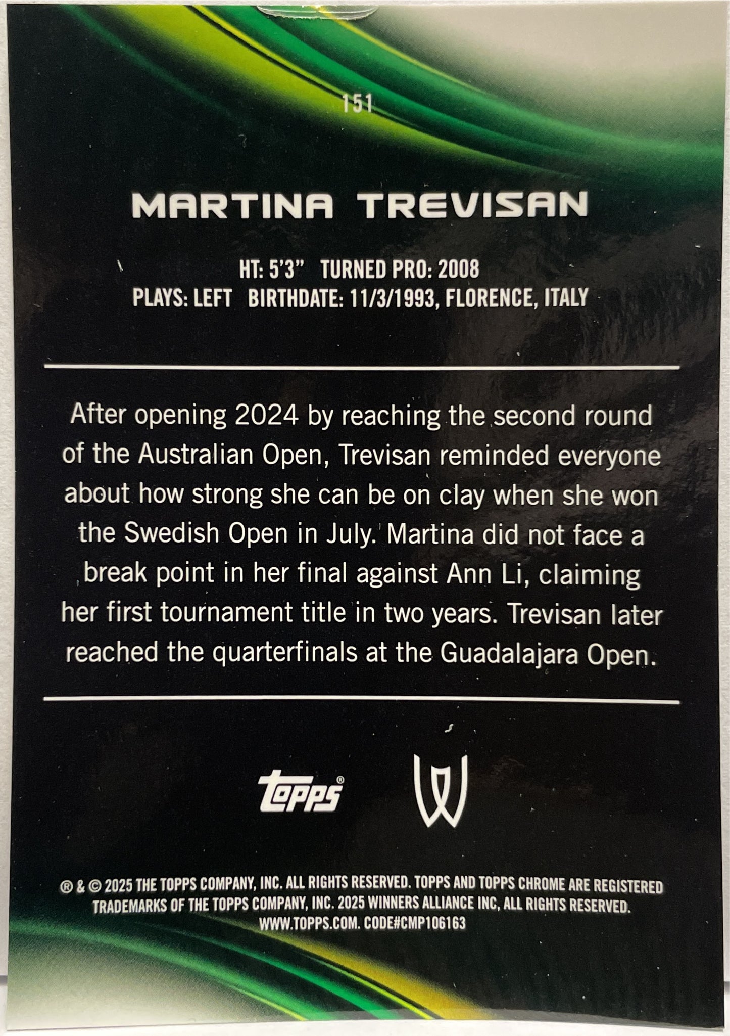 Martina Trevisan 101/125 Purple Green Topps Chrome Tennis 2025