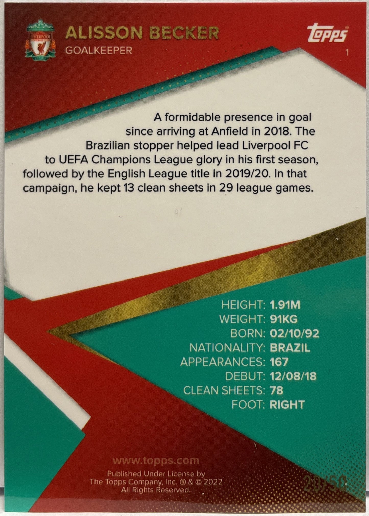 Alisson Becker 20/50 Topps Liverpool Team Set 2021/22
