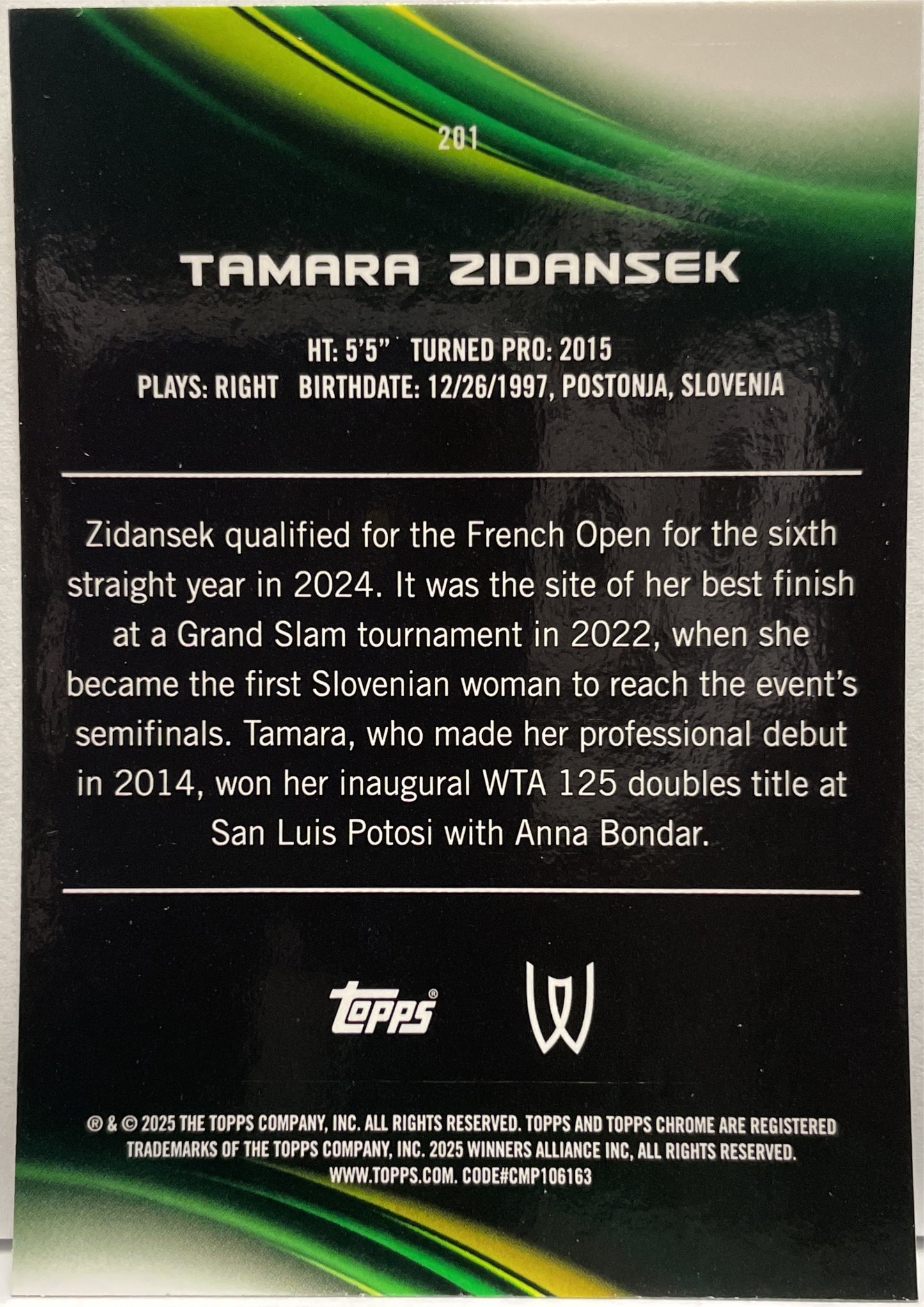 Tamara Zidansek 84/125 Purple Green Topps Chrome Tennis 2025