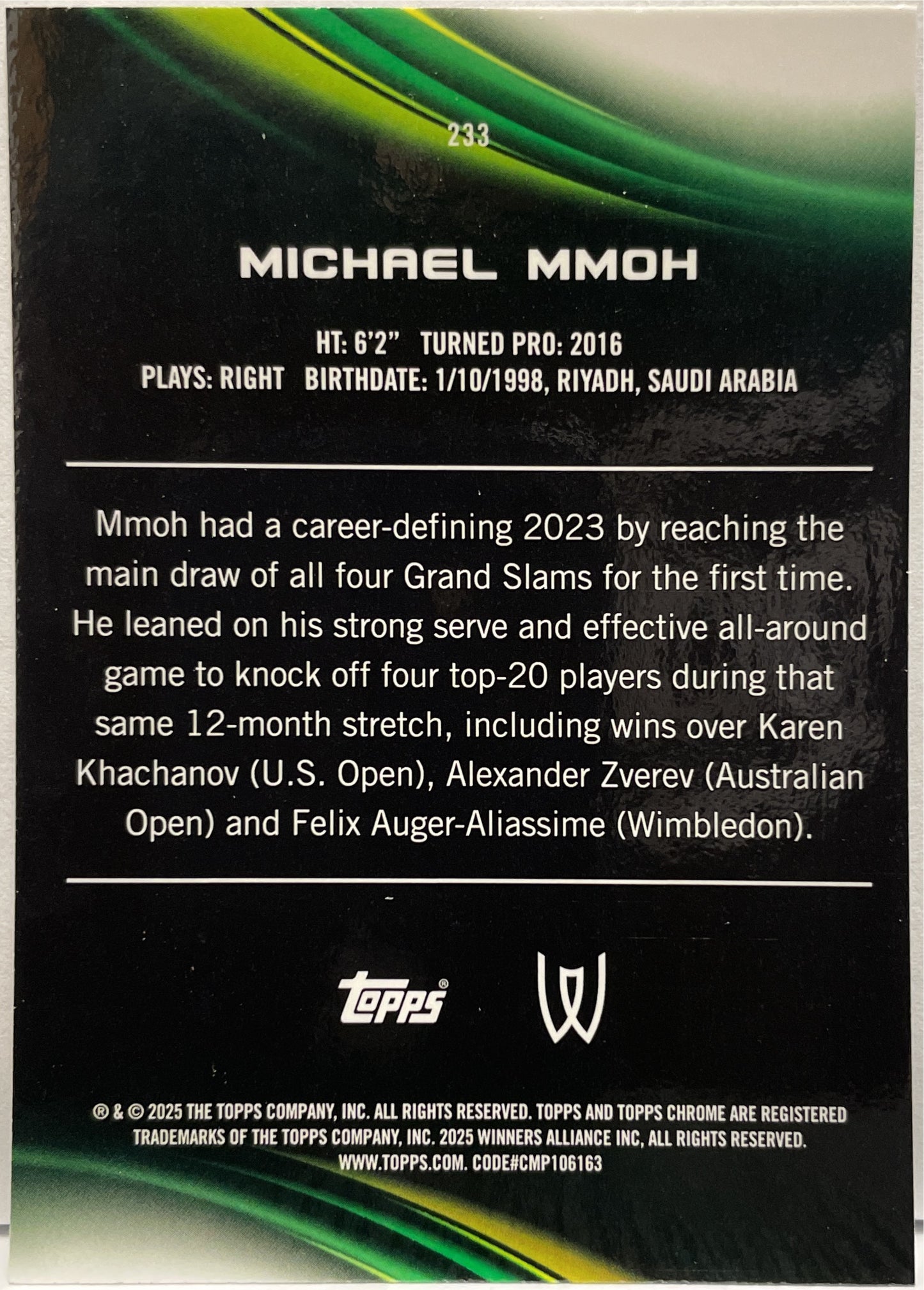 Michael Mmoh 28/125 Purple Green Topps Chrome Tennis 2025
