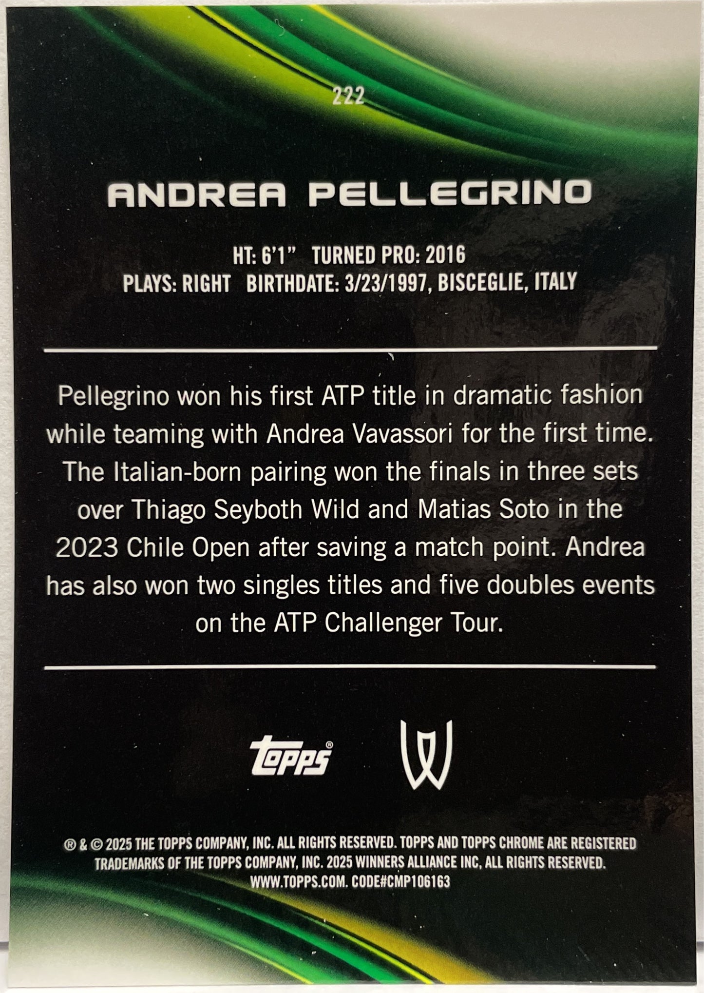 Andrea Pellegrino 13/125 Purple Green Topps Chrome Tennis 2025