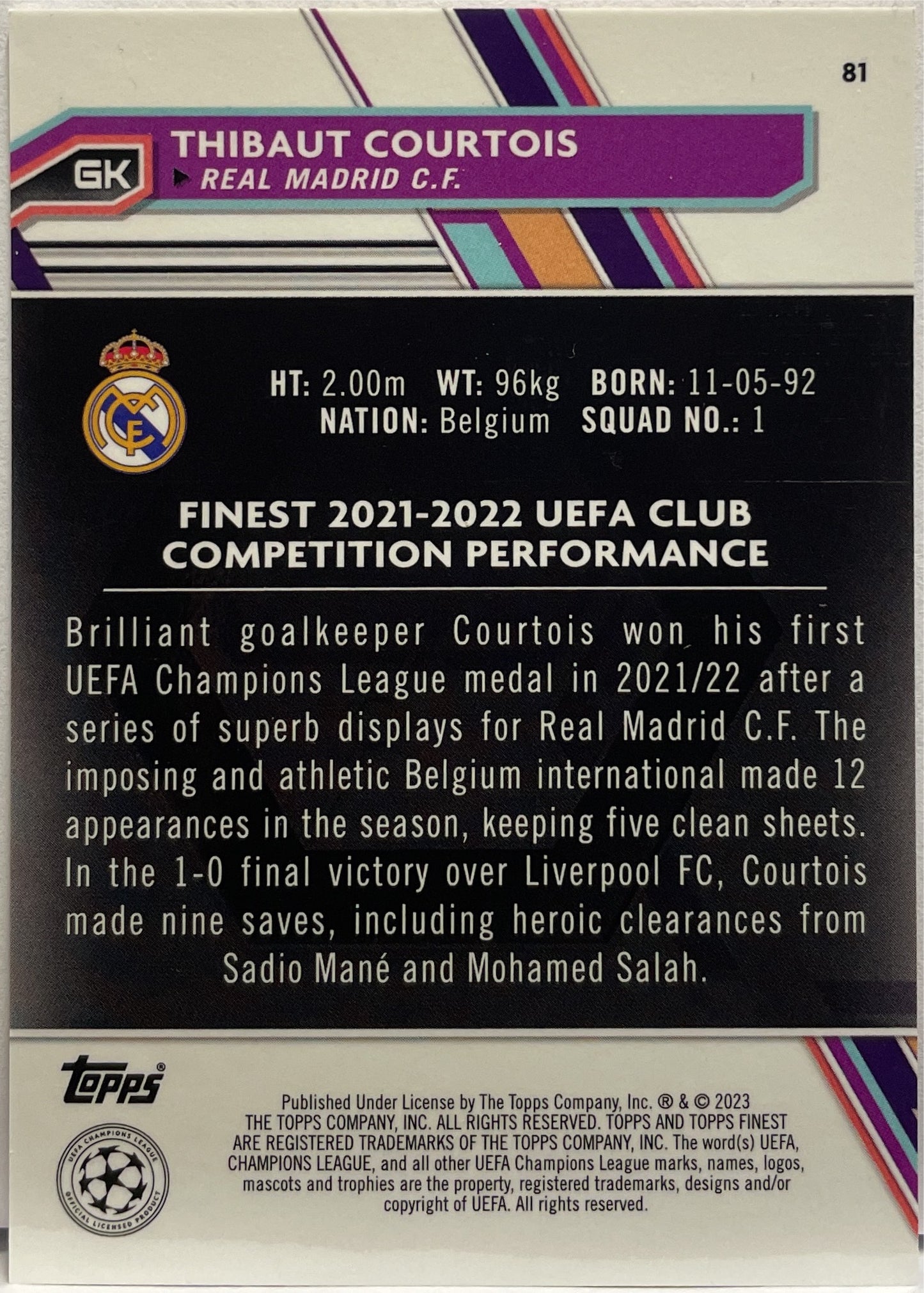 Thibaut Courtois 9/25 Orange Topps Finest UCC 2022/23