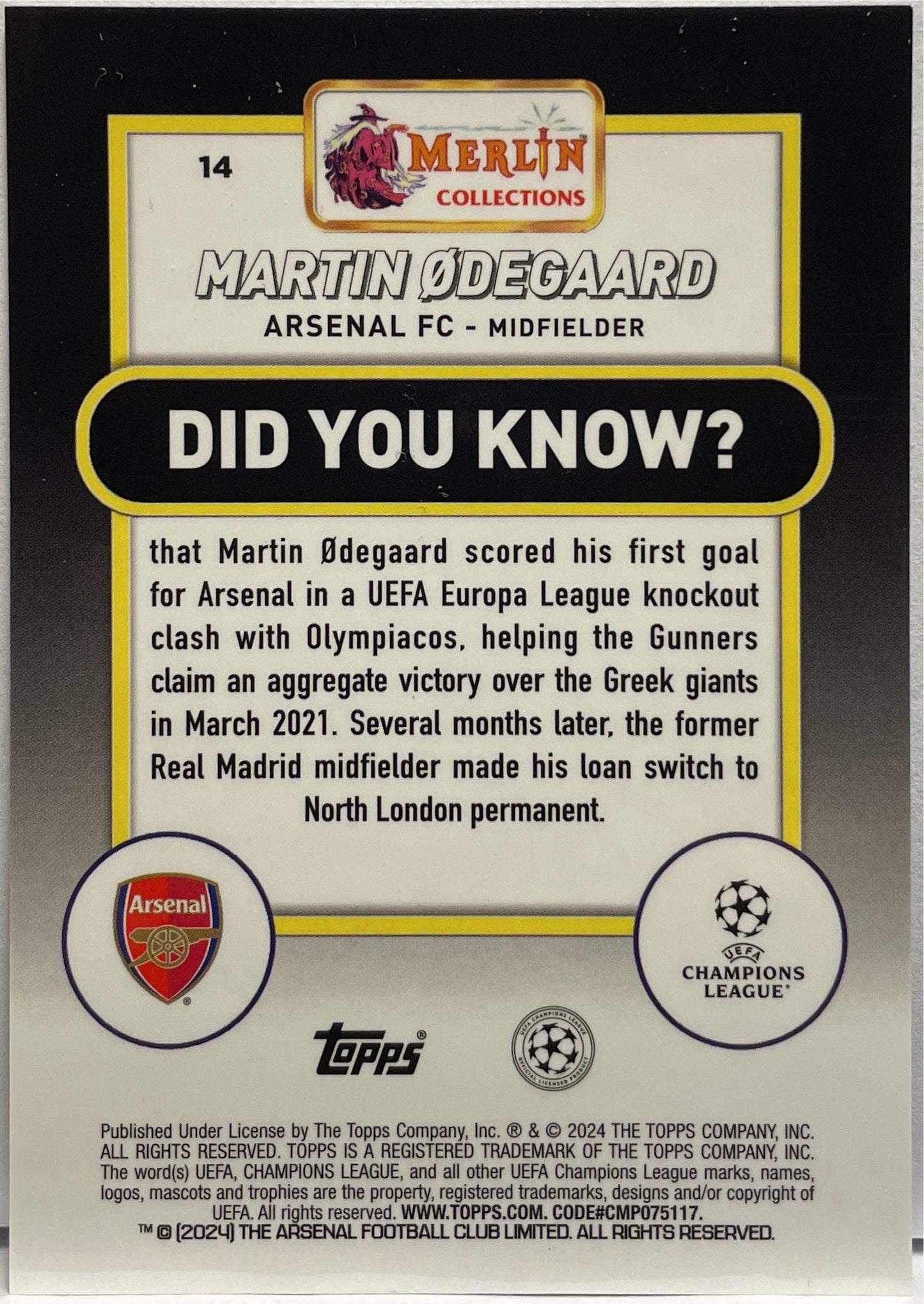 Martin Odegaard 60/75 Blue Topps Chrome Merlin 2023/24