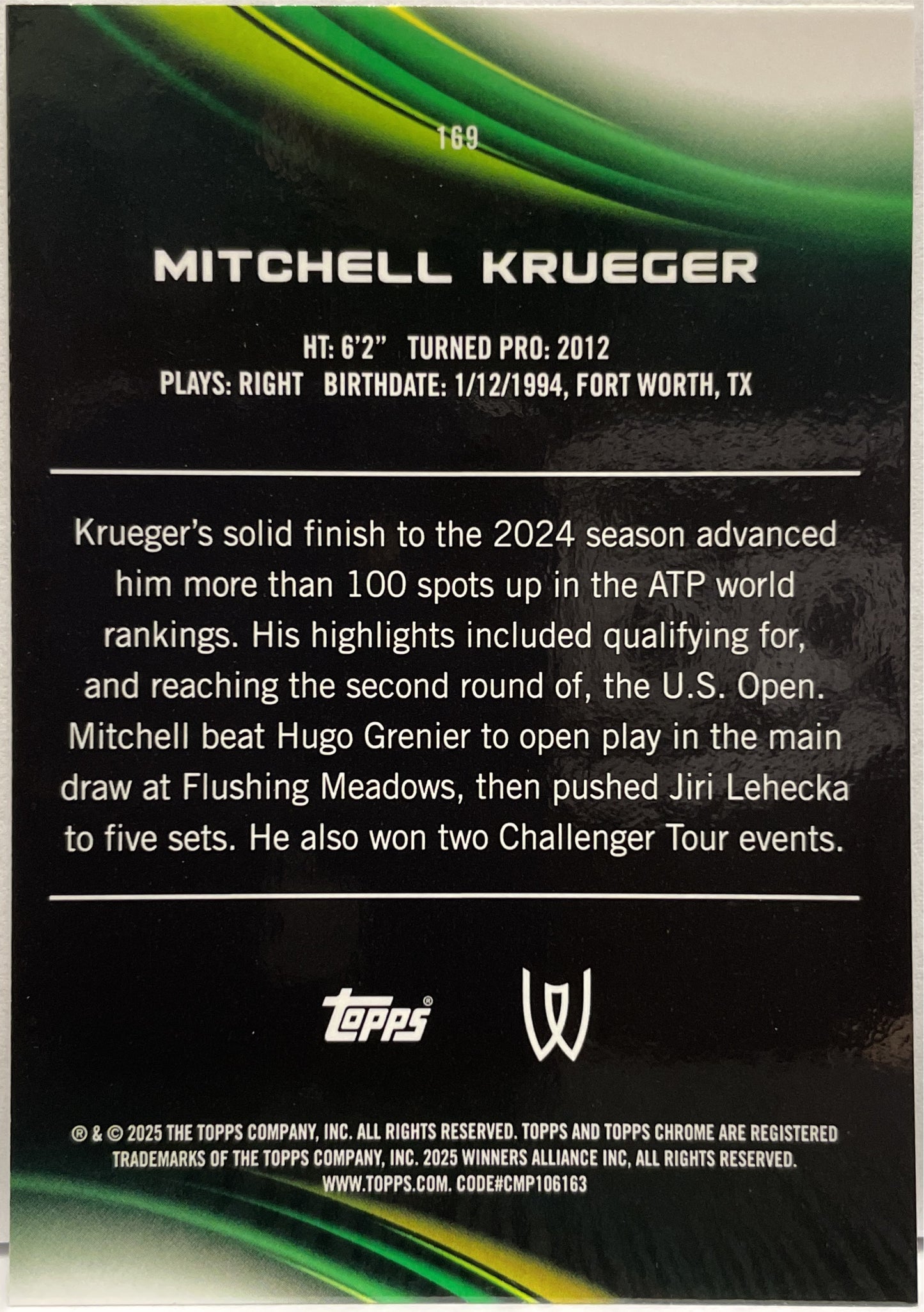 Mitchell Krueger 80/125 Purple Green Topps Chrome Tennis 2025