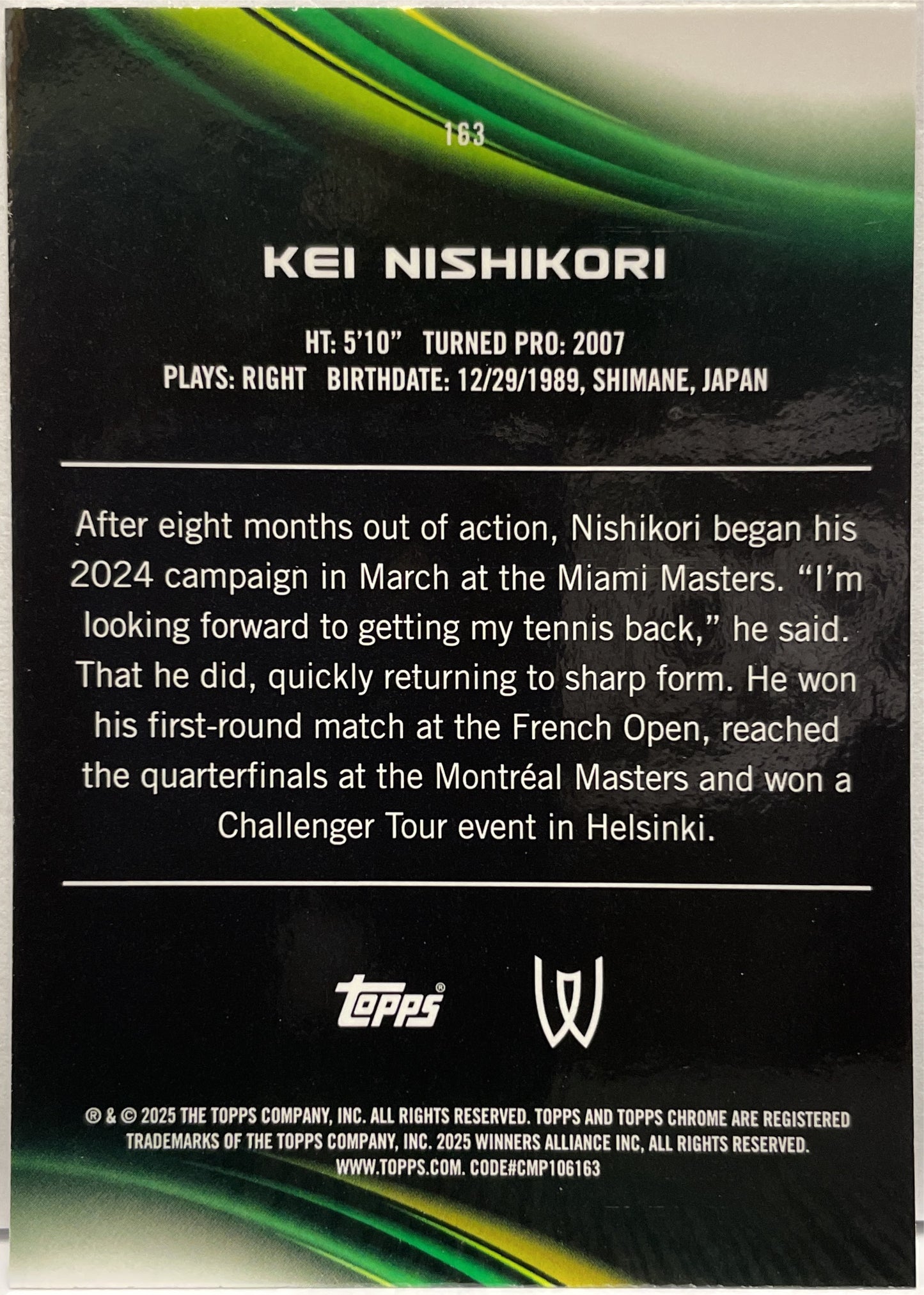 Kei Nishikori 84/125 Purple Green Topps Chrome Tennis 2025