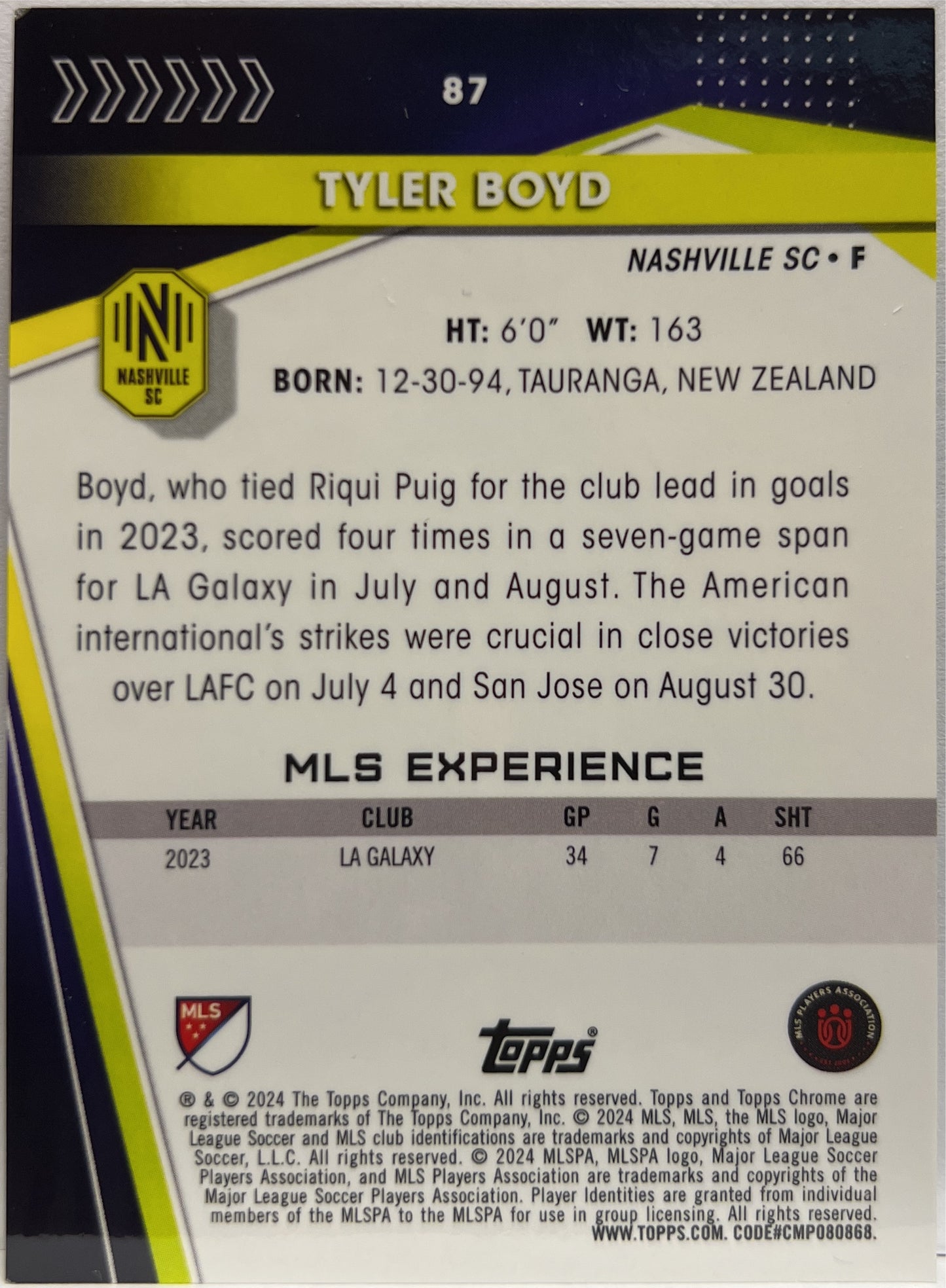 Tyler Boyd 123/199 Purple Topps Chrome MLS 2023/24