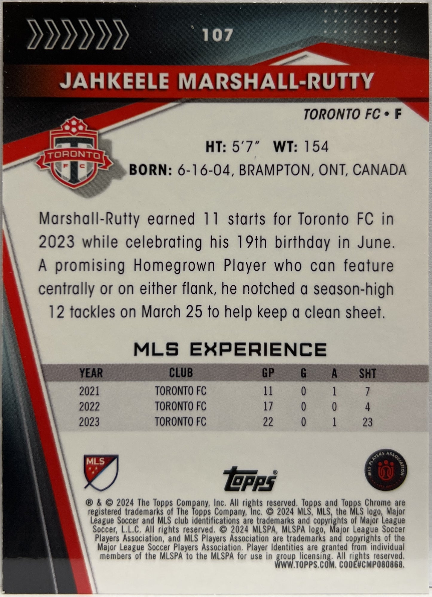 Jahkeele Marshall Rutty 31/250 Rose Gold Topps Chrome MLS 2023/24