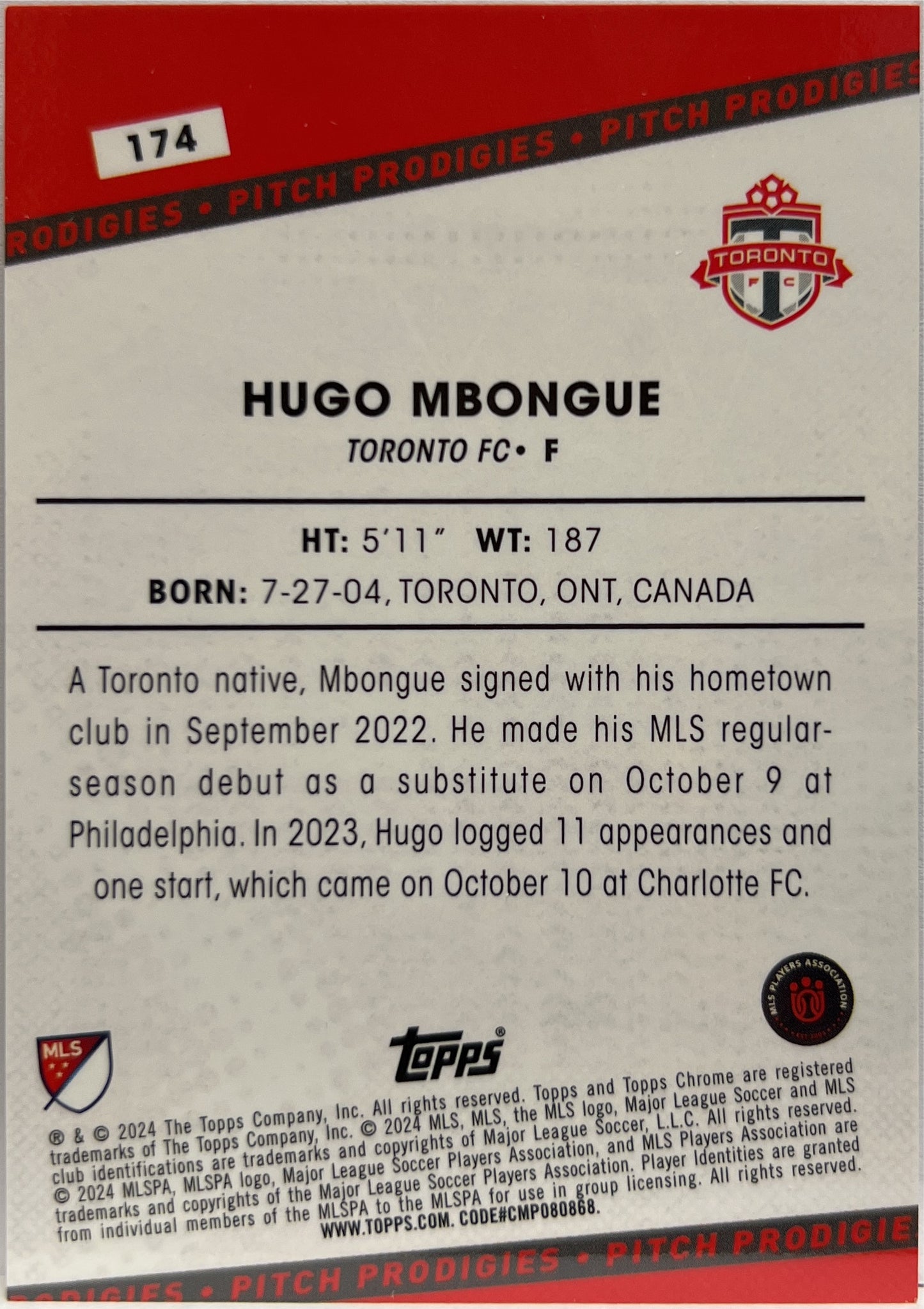 Hugo Mbongue 15/199 Rookie Pitch Prodigies Red Topps Chrome MLS 2023/24