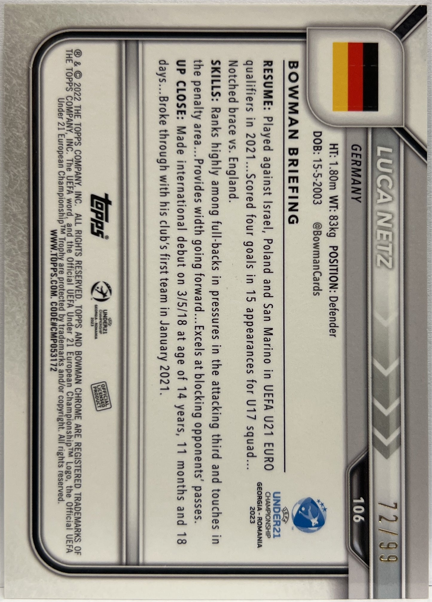 Luca Netz 72/99 Green Topps Chrome Bowman Uefa U21 2023