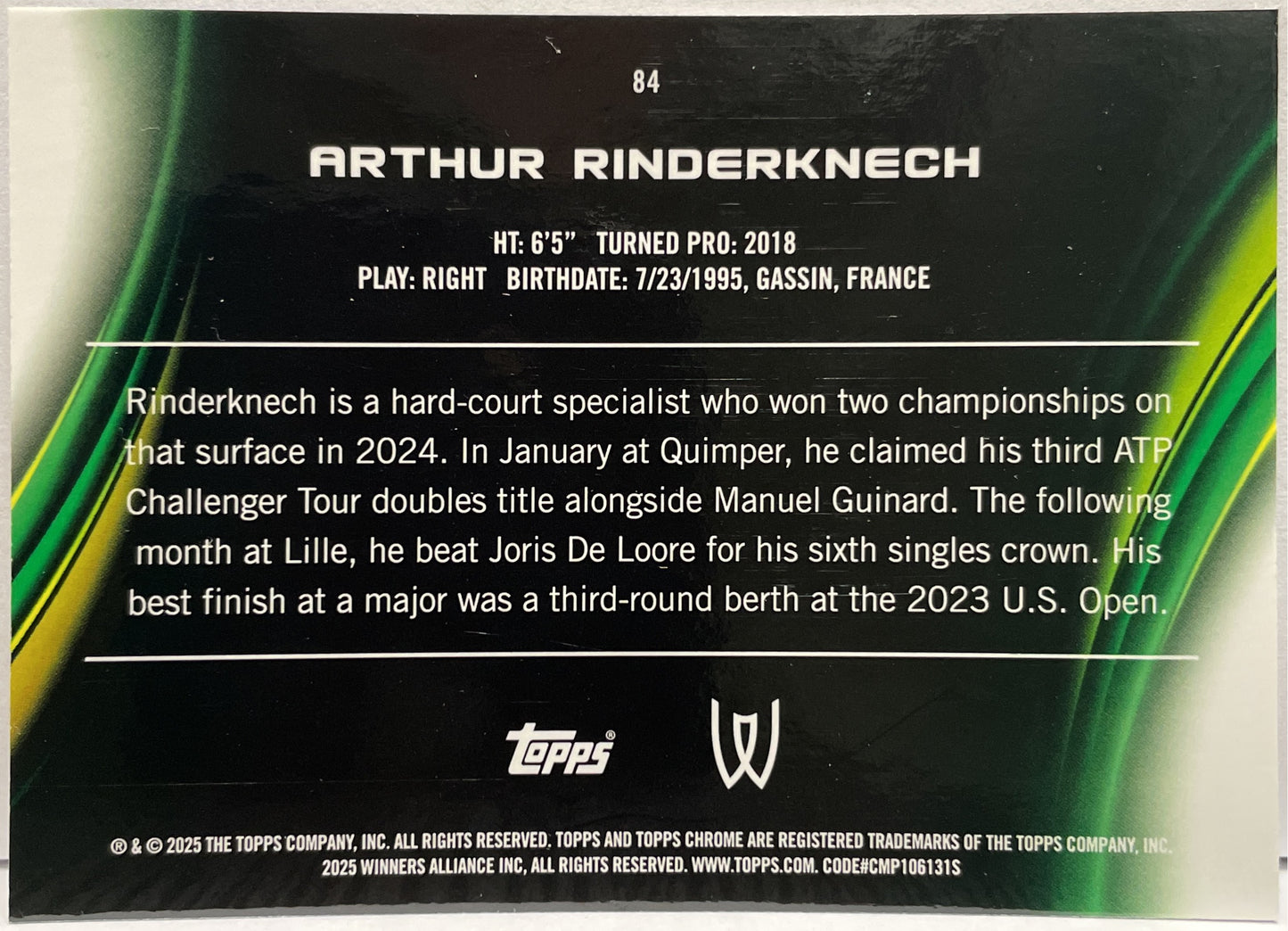 Arthur Rinderknech 71/150 Blue Topps Chrome Tennis 2025