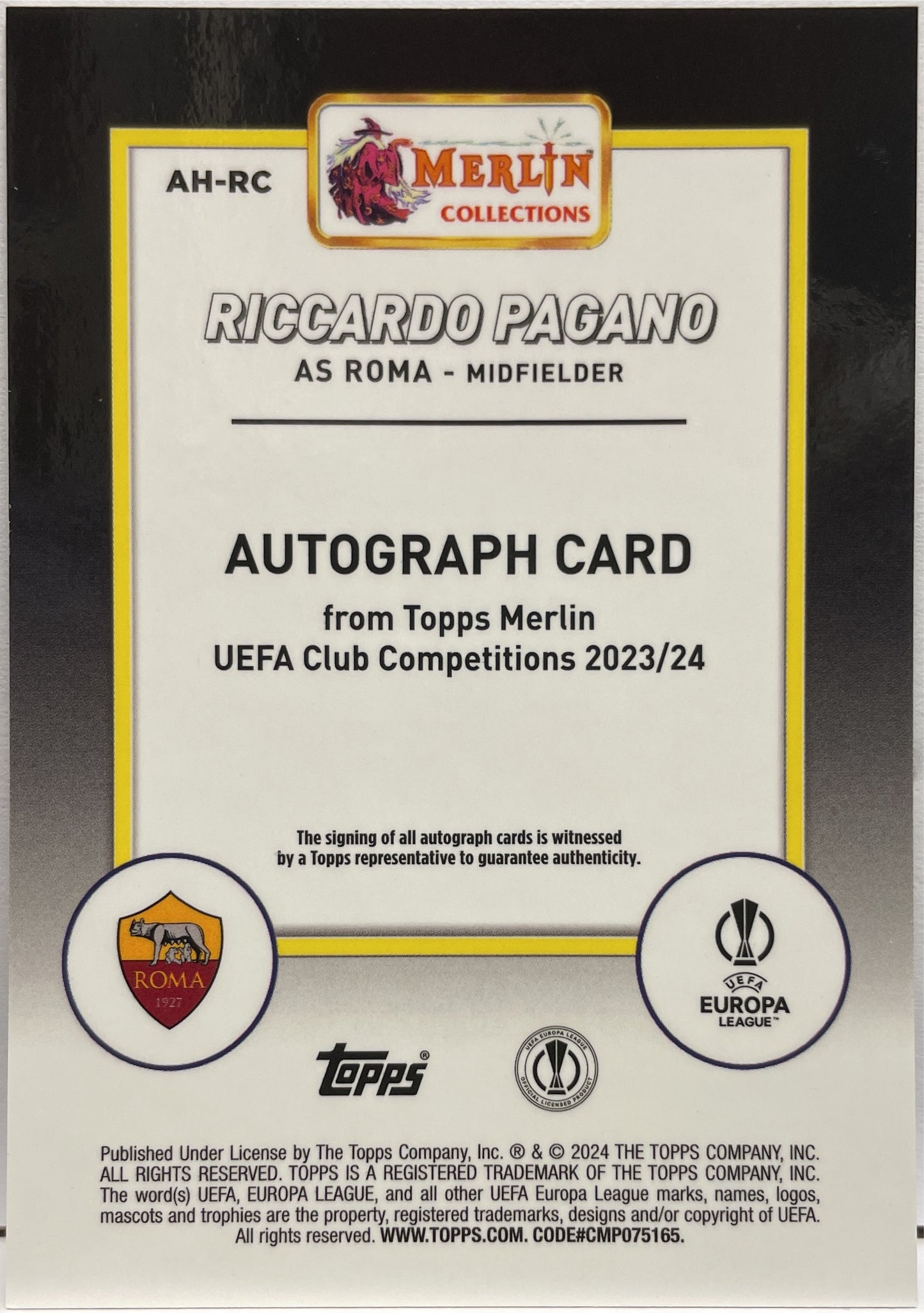 Riccardo Pagano Rookie Autograph Topps Chrome Merlin UCC 2023/24