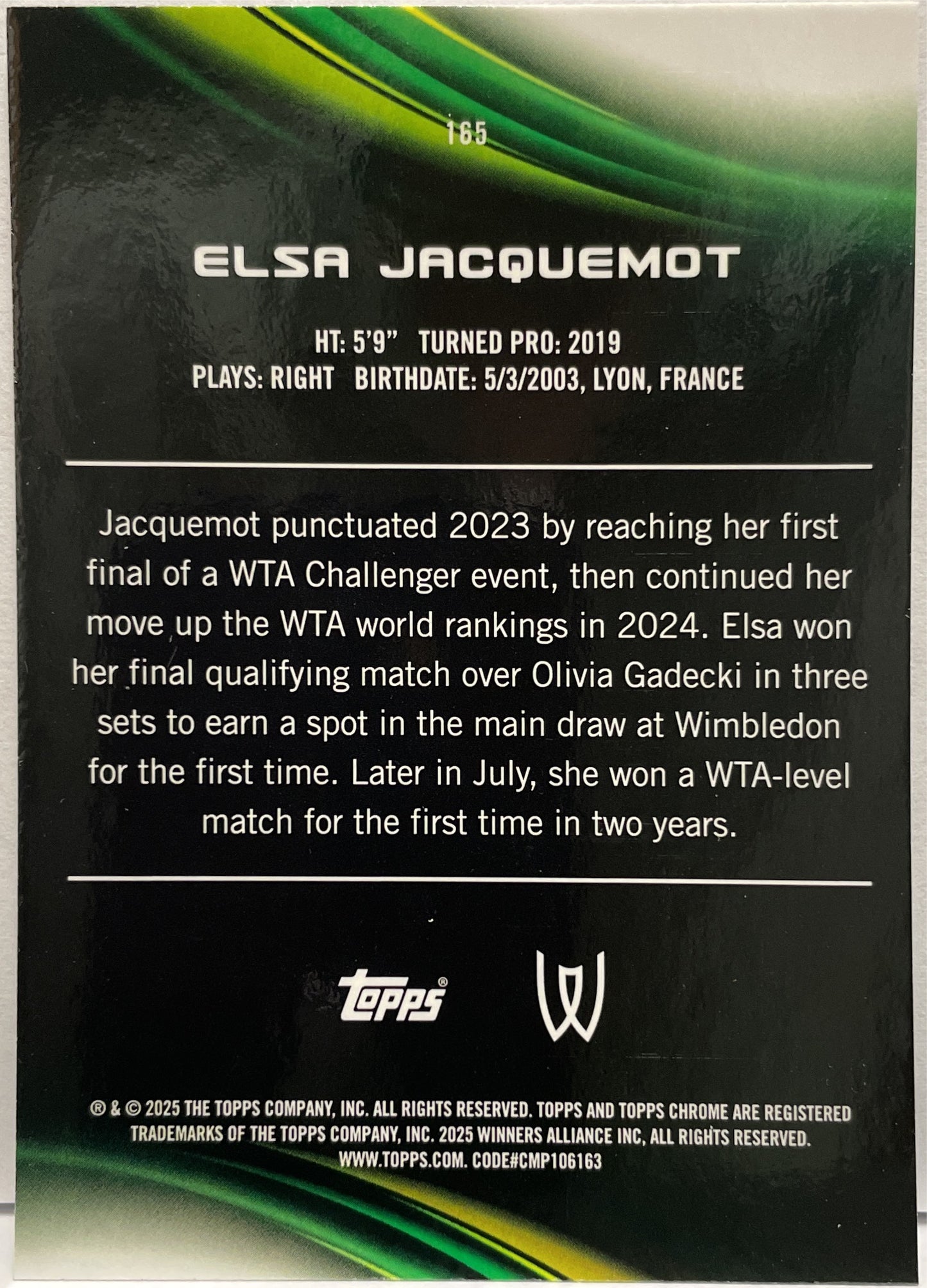 Elsa Jacquemot 149/150 Rookie Blue Topps Chrome Tennis 2025