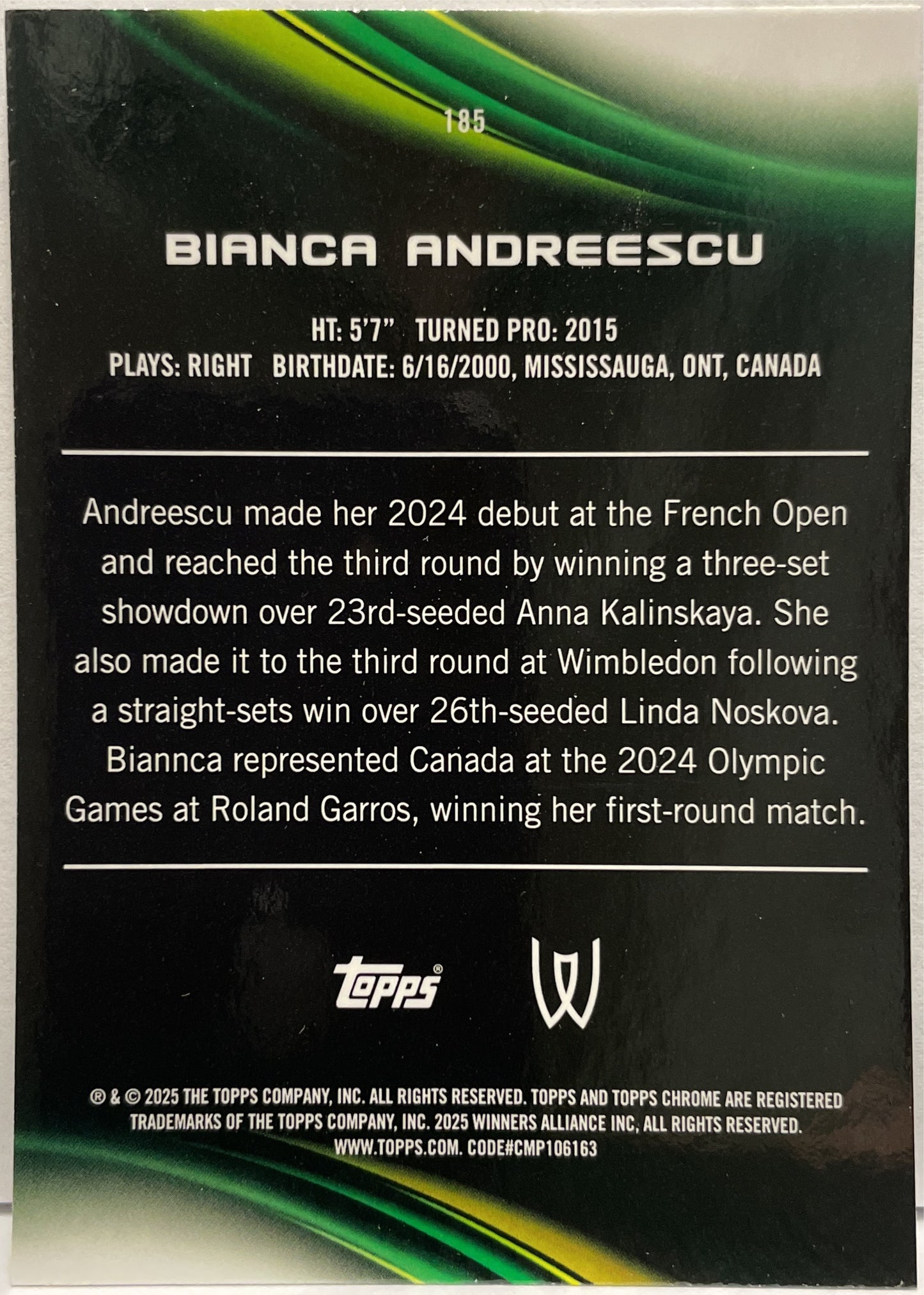 Bianca Andreescu 63/150 Blue Topps Chrome Tennis 2025