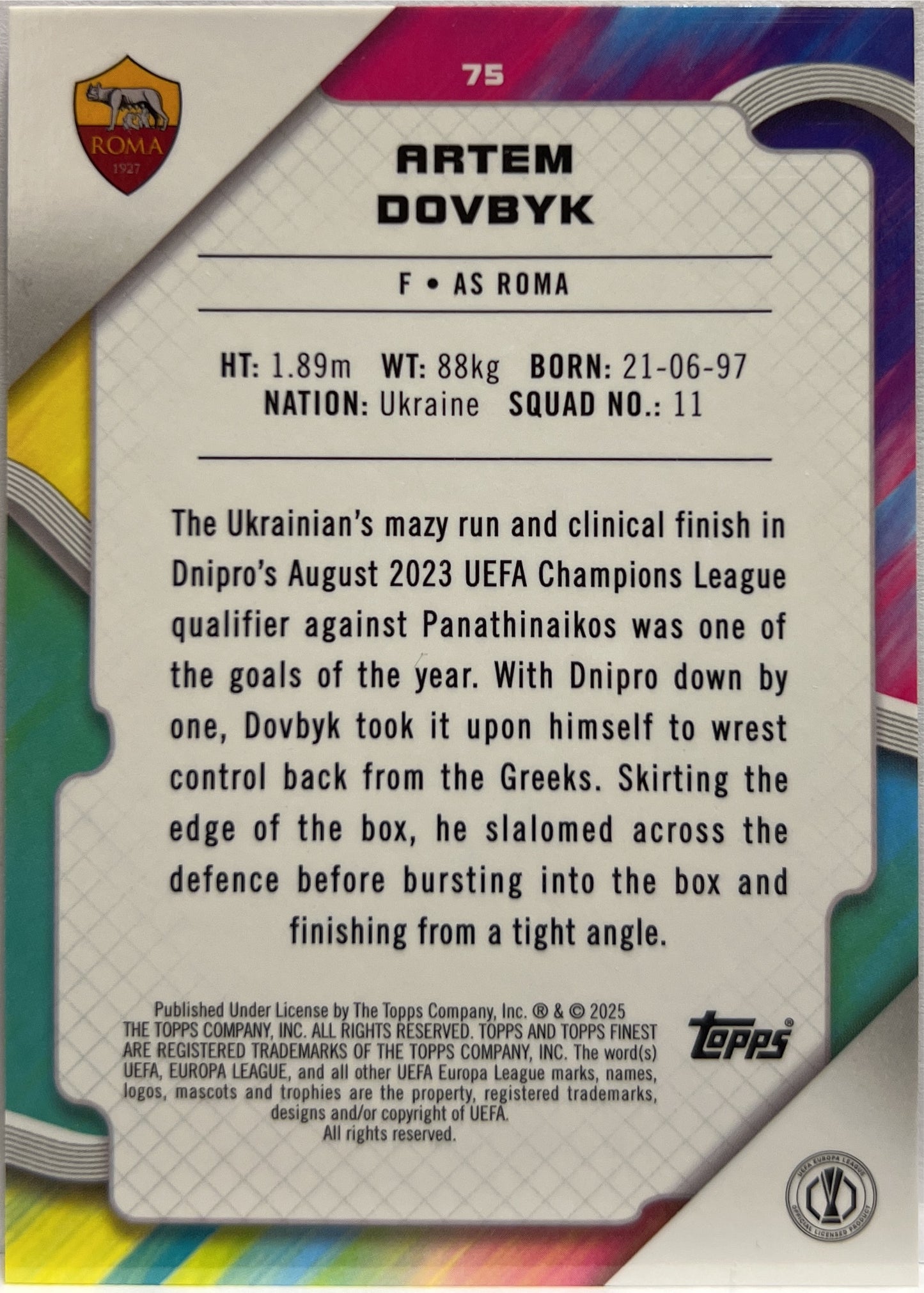 Artem Dovbyk 157/199 Purple Lava Topps Finest UCC 2024/25