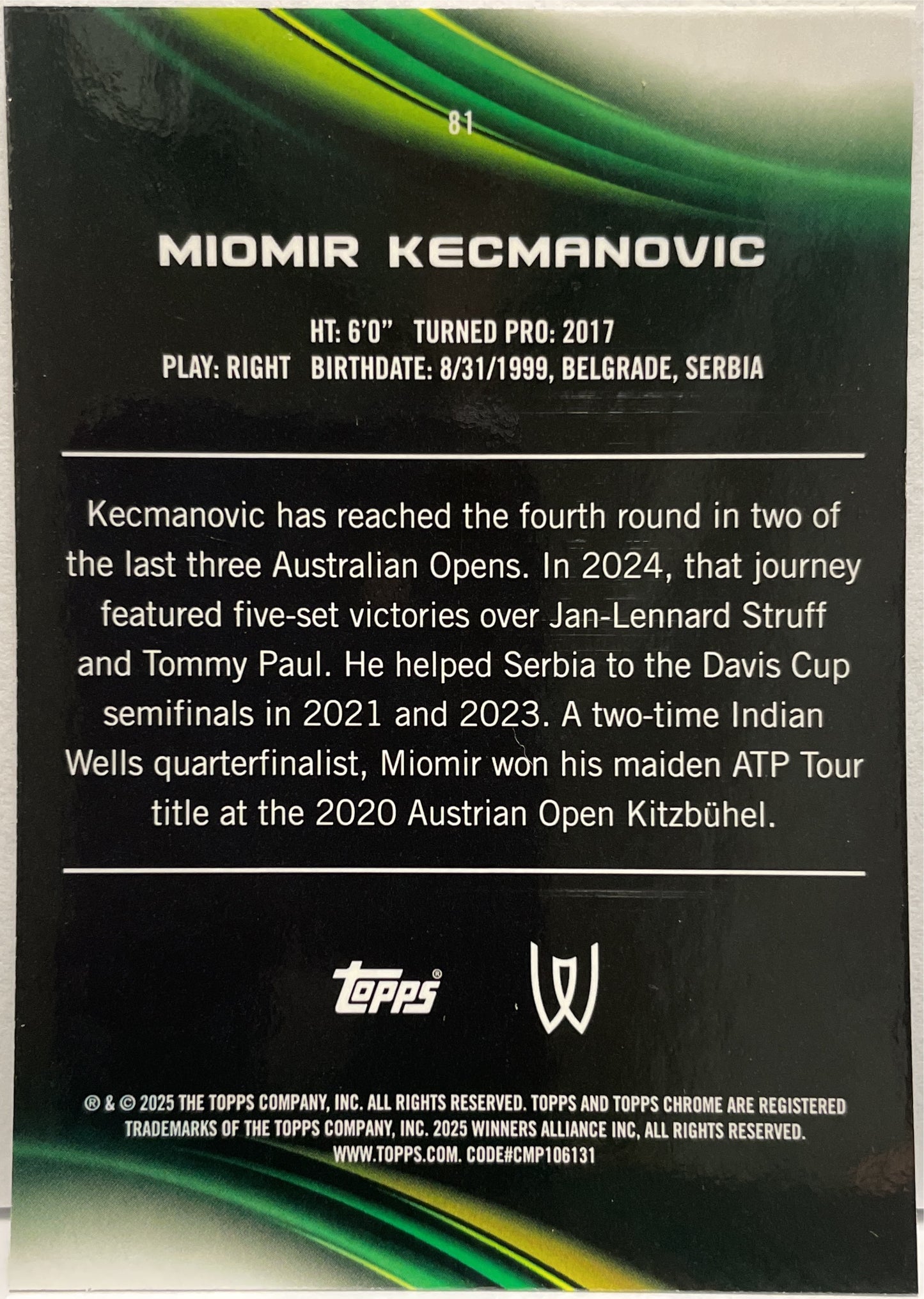 Miomir Kecmanovic 113/150 Blue Topps Chrome Tennis 2025