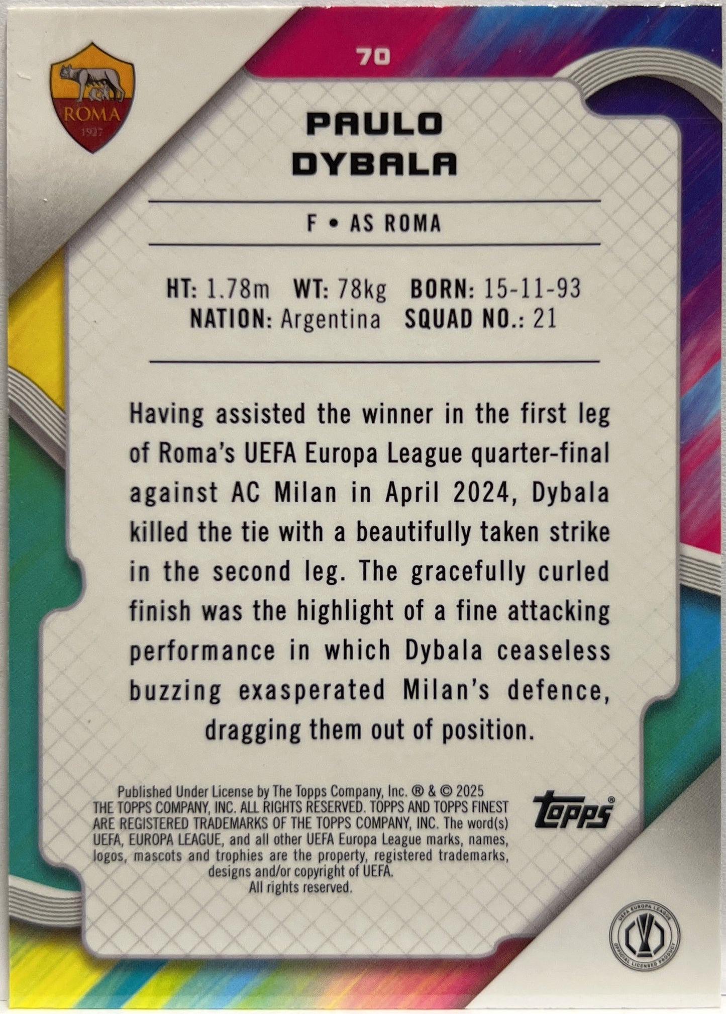 Paulo Dybala 225/275 Sky Blue Topps Finest UCC 2024/25