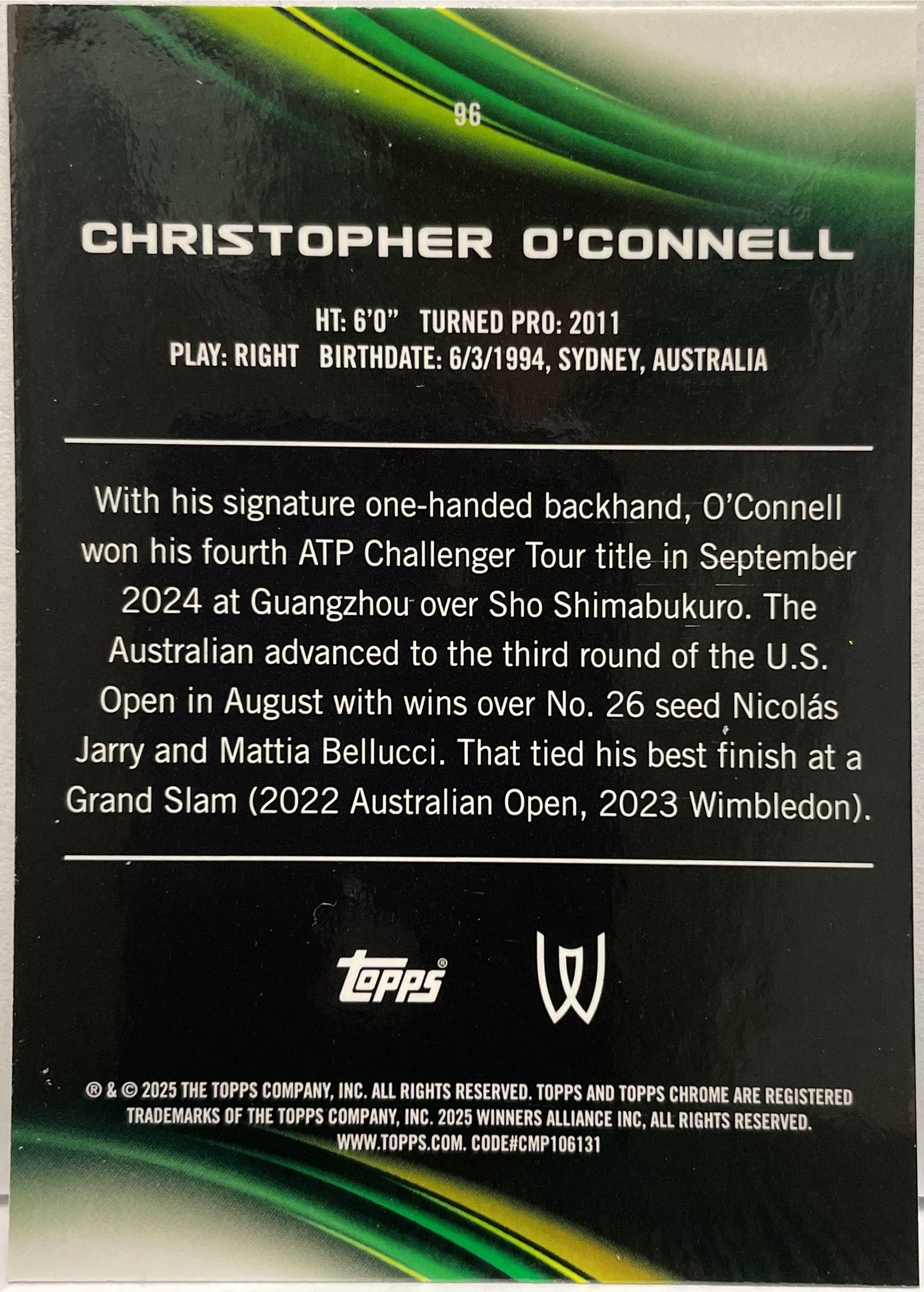 Christopher O'Connell 118/150 Blue Topps Chrome Tennis 2025