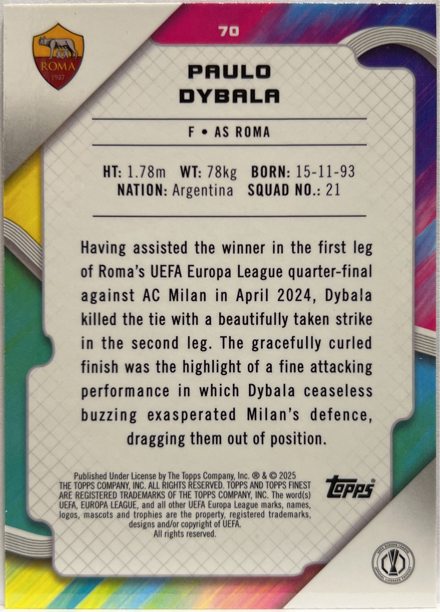 Paulo Dybala 18/250 Pink Raywave Topps Finest UCC 2024/25