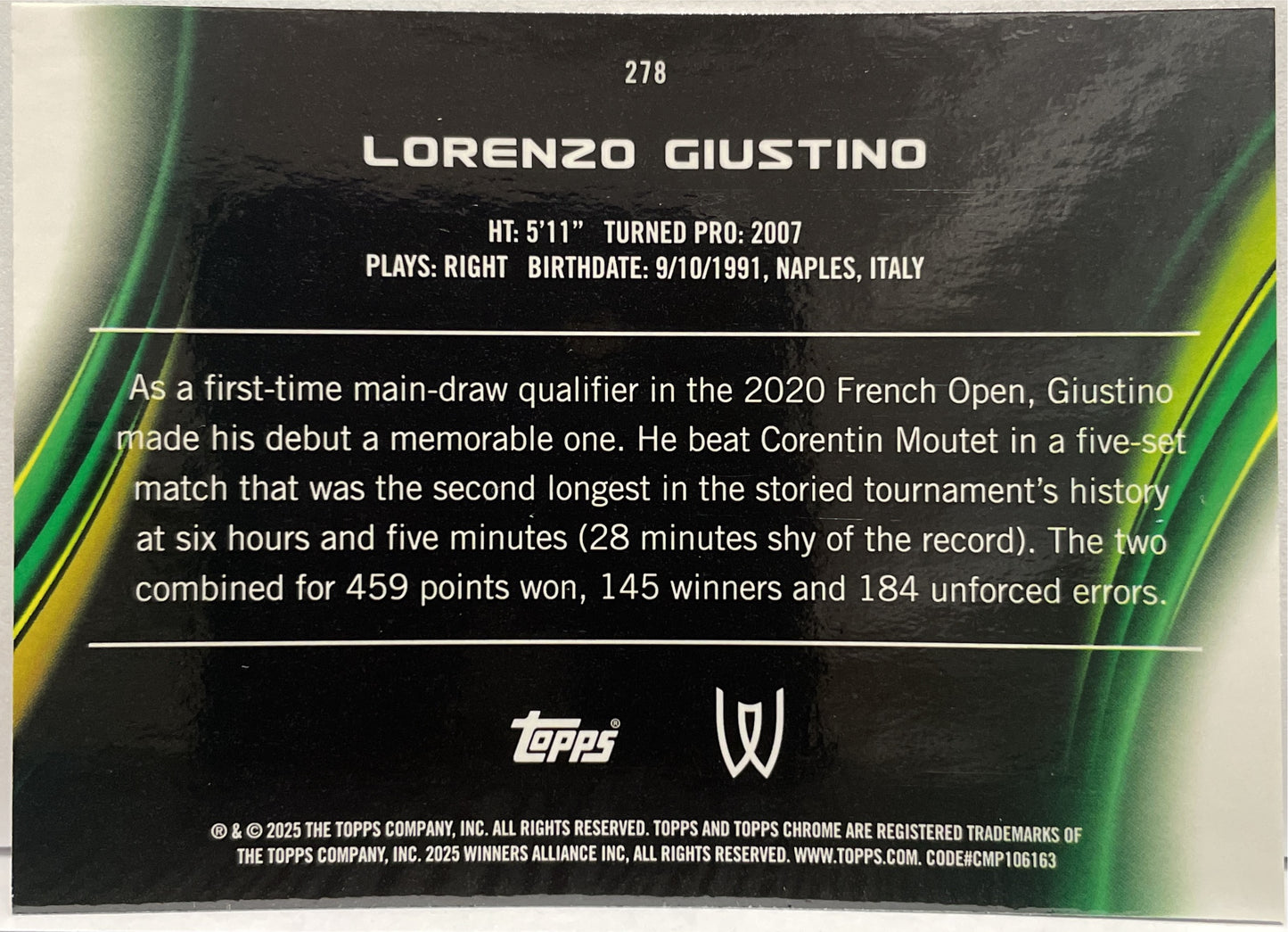 Lorenzo Giustino 183/199 1ST Aqua Topps Chrome Tennis 2025