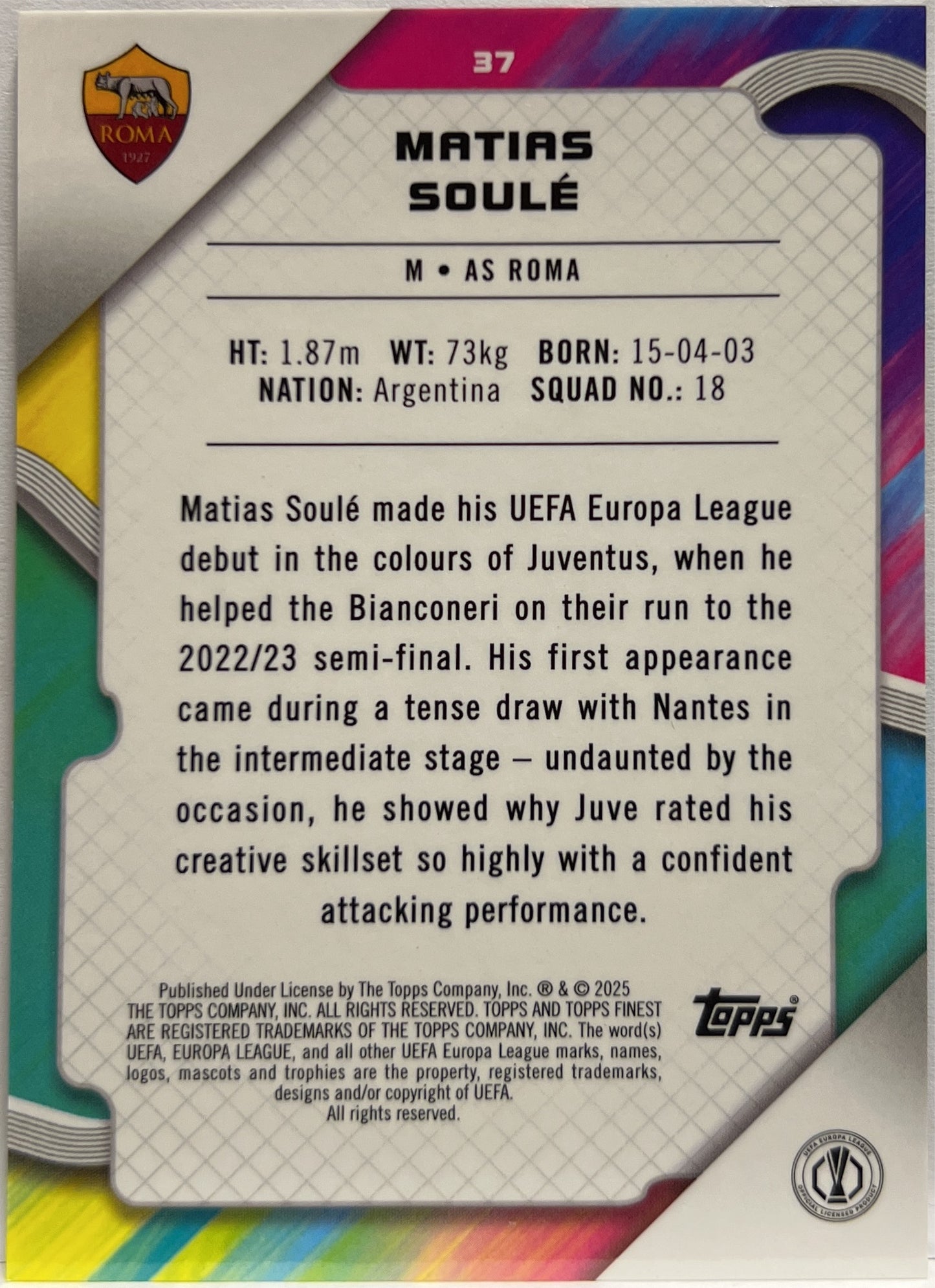 Matias Soule 14/75 Blue Topps Finest UCC 2024/25