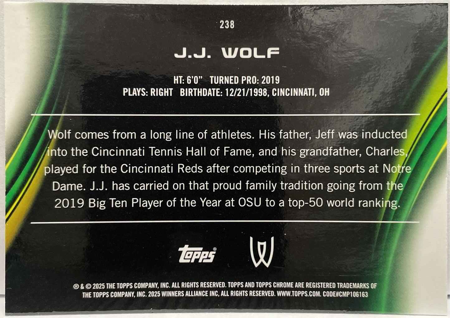 JJ Wolf 4/199 Aqua Topps Chrome Tennis 2025
