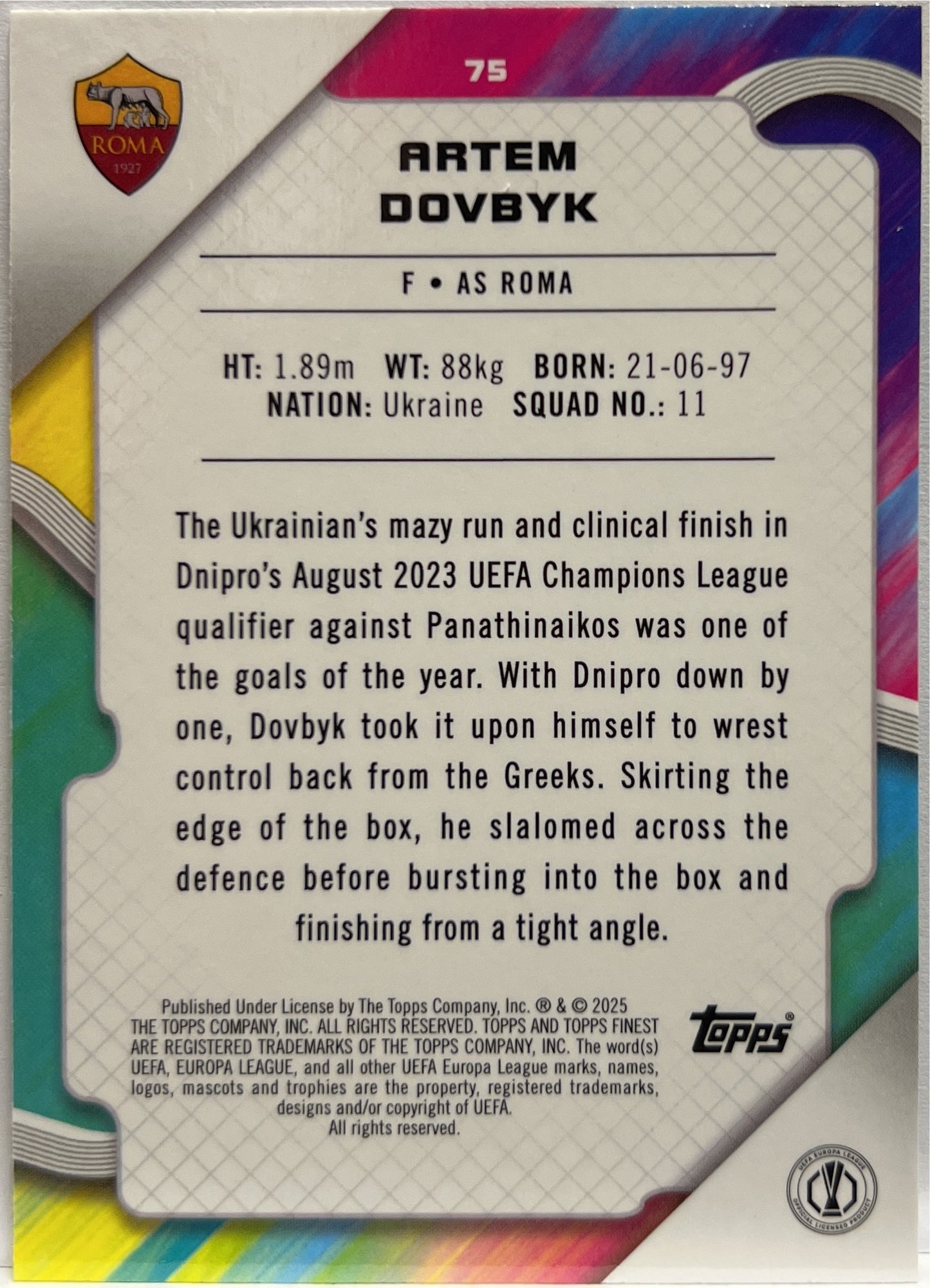 Artem Dovbyk 24/99 Green Topps Finest UCC 2024/25