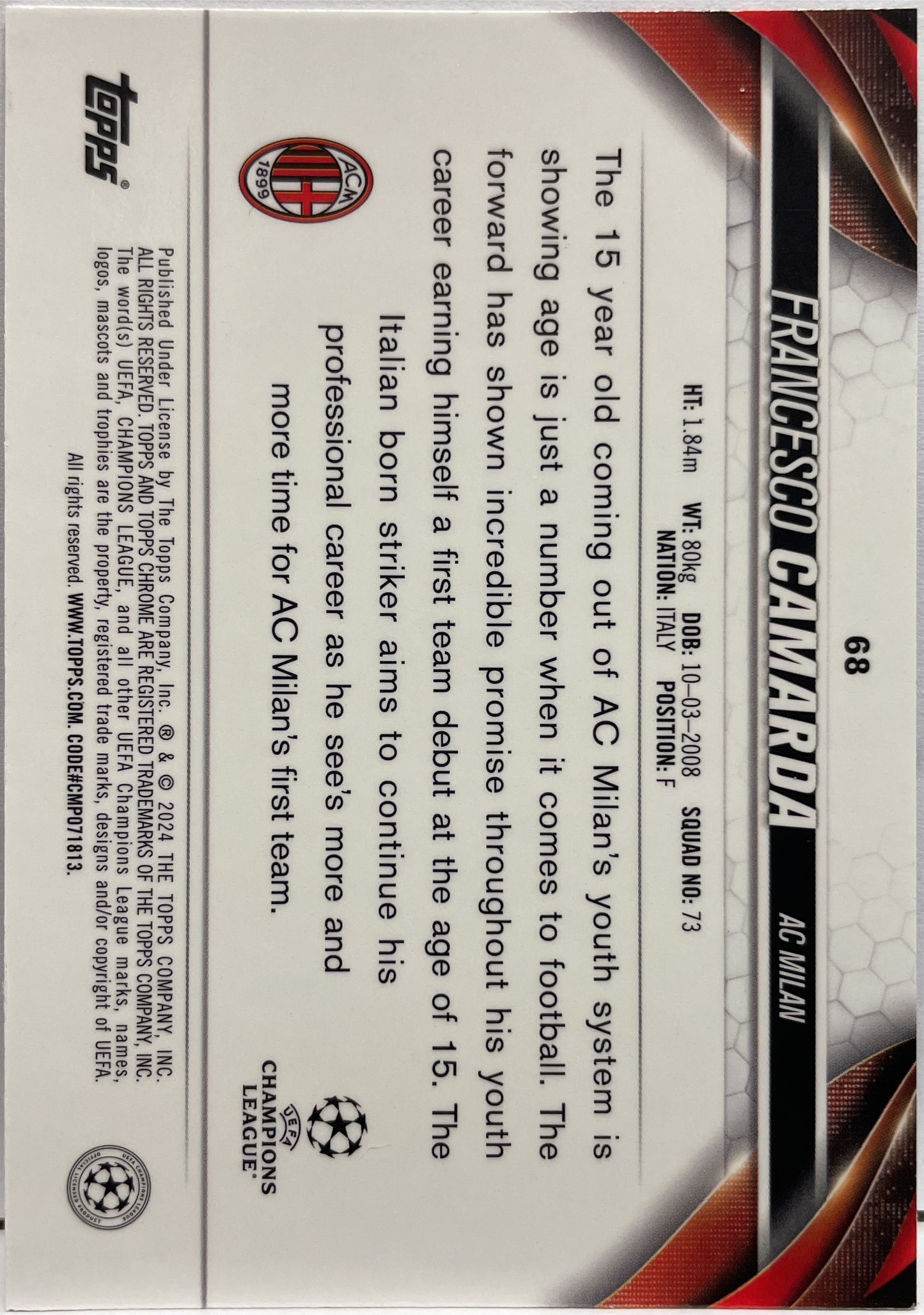 Francesco Camarda 54/175 Rookie Purple Wave Topps Chrome UCC 2023/24