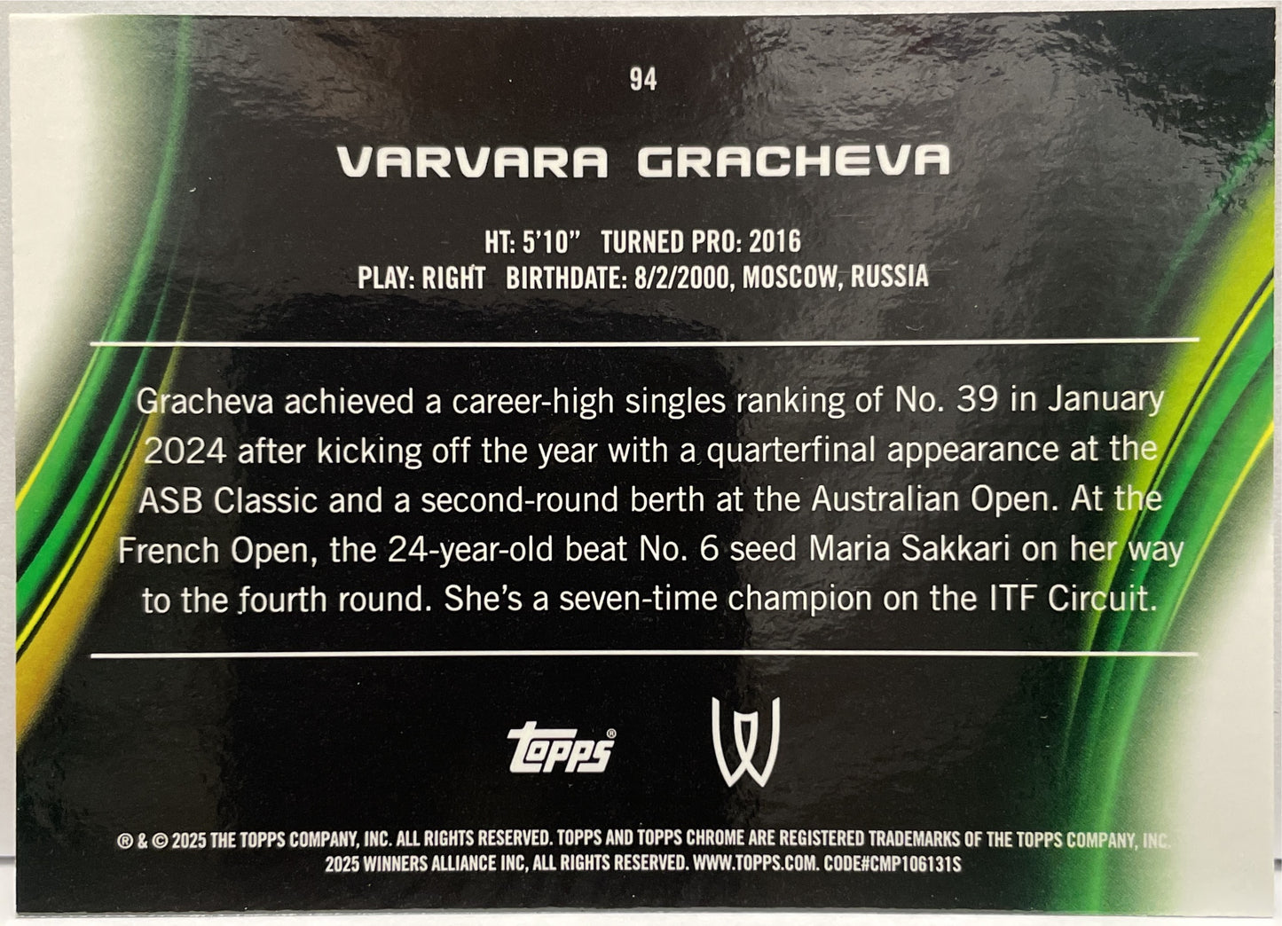 Varvara Gracheva 20/199 Aqua Topps Chrome Tennis 2025