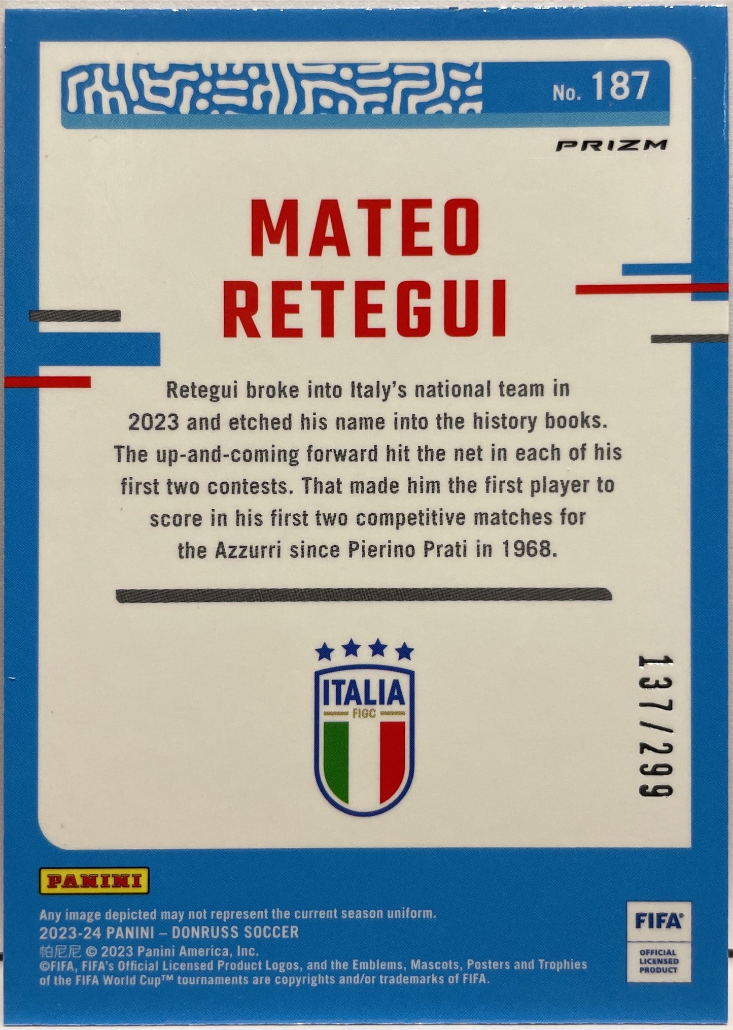 Mateo Retegui 137/299 Rated Rookie Optic Red Donruss Fifa 2023/24