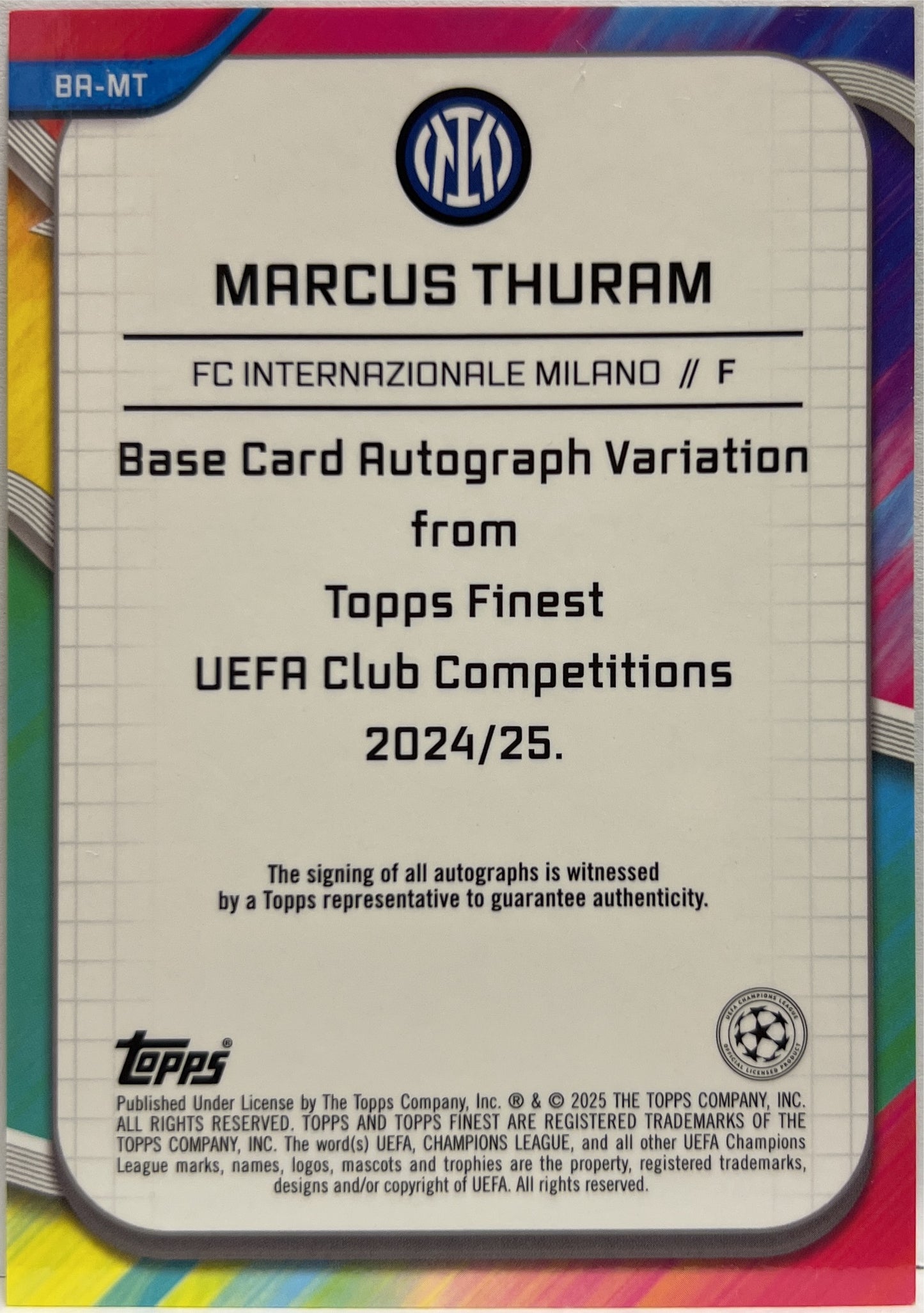 Marcus Thuram 21/99 Autograph Neon Green Topps Finest UCC 2024/25