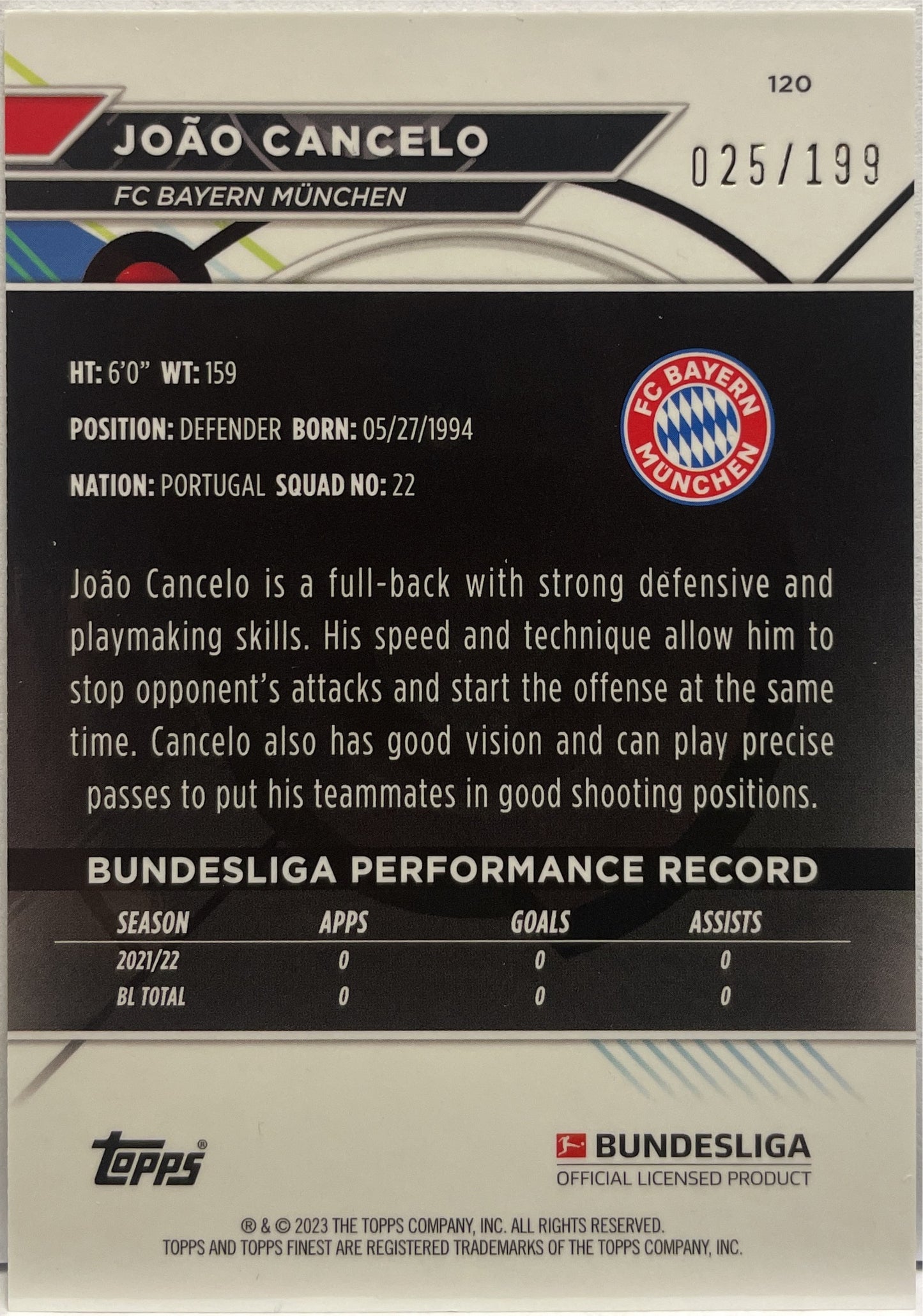 Joao Cancelo 25/199 Black Topps Finest Bundesliga 2022/23