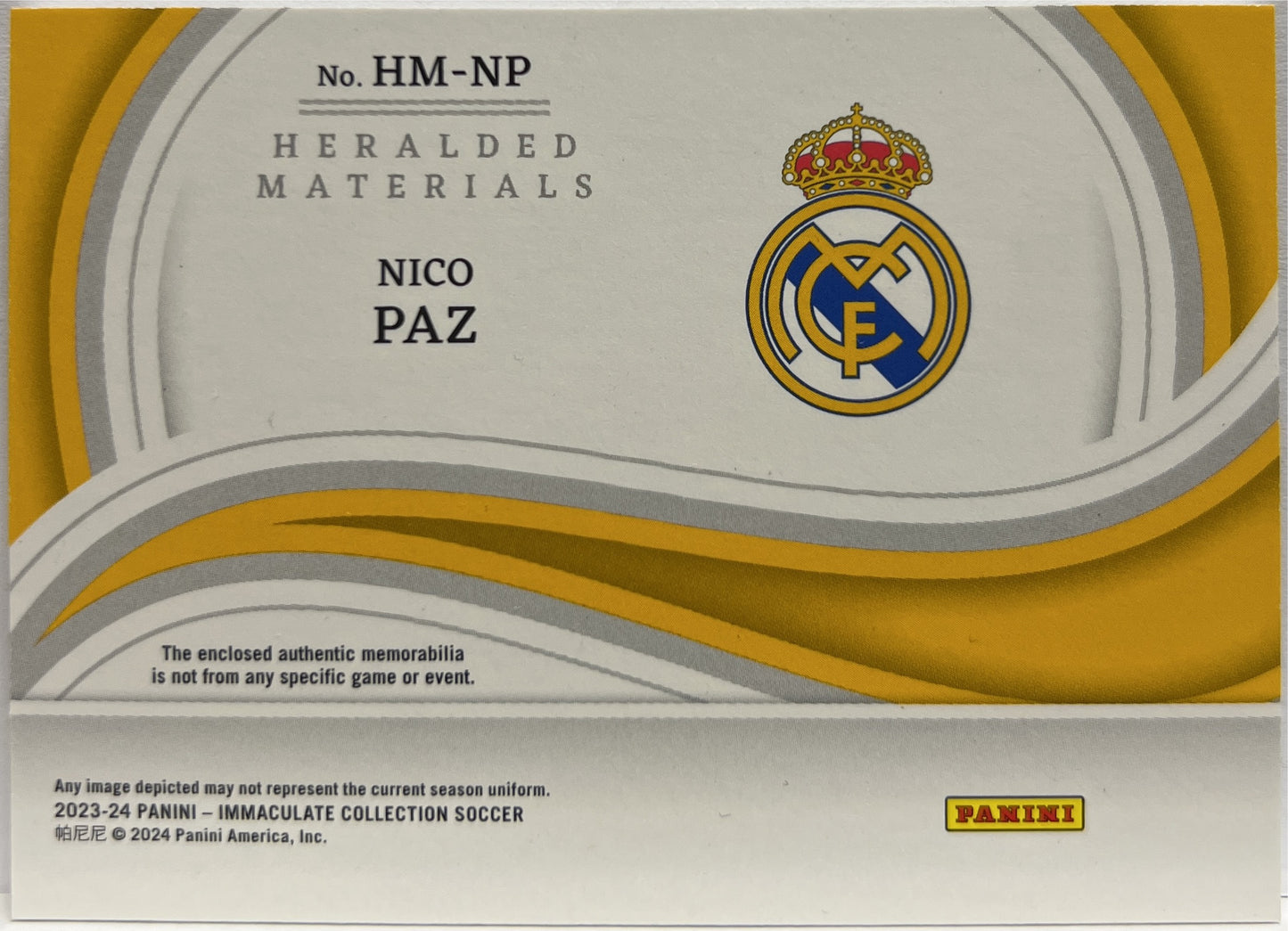 Nico Paz 43/49 Rookie Patch Heralded Material Immaculate 2023/24