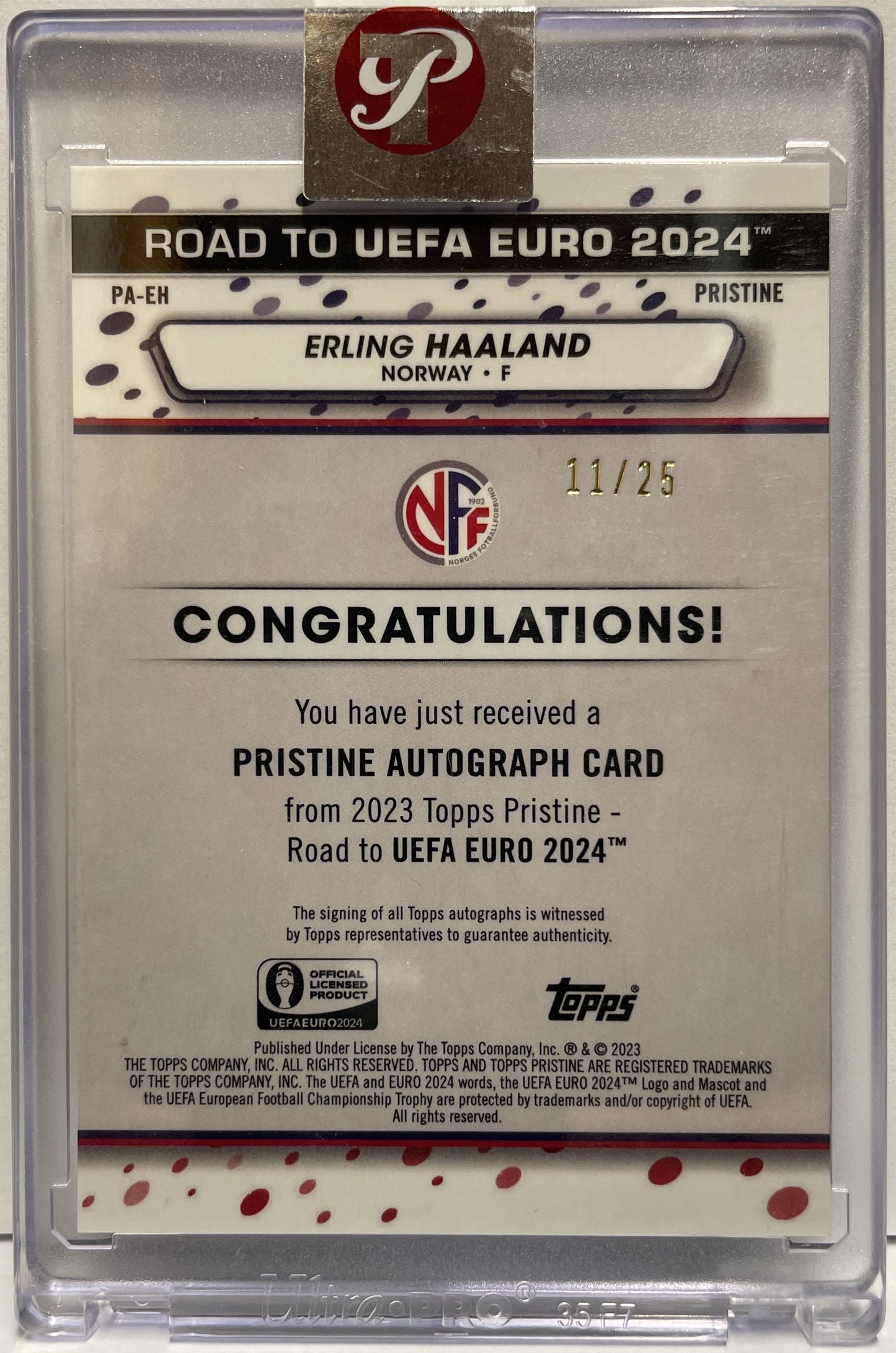 Erling Haaland 11/25 Autograph Orange Topps Pristine Road To Euro 2024