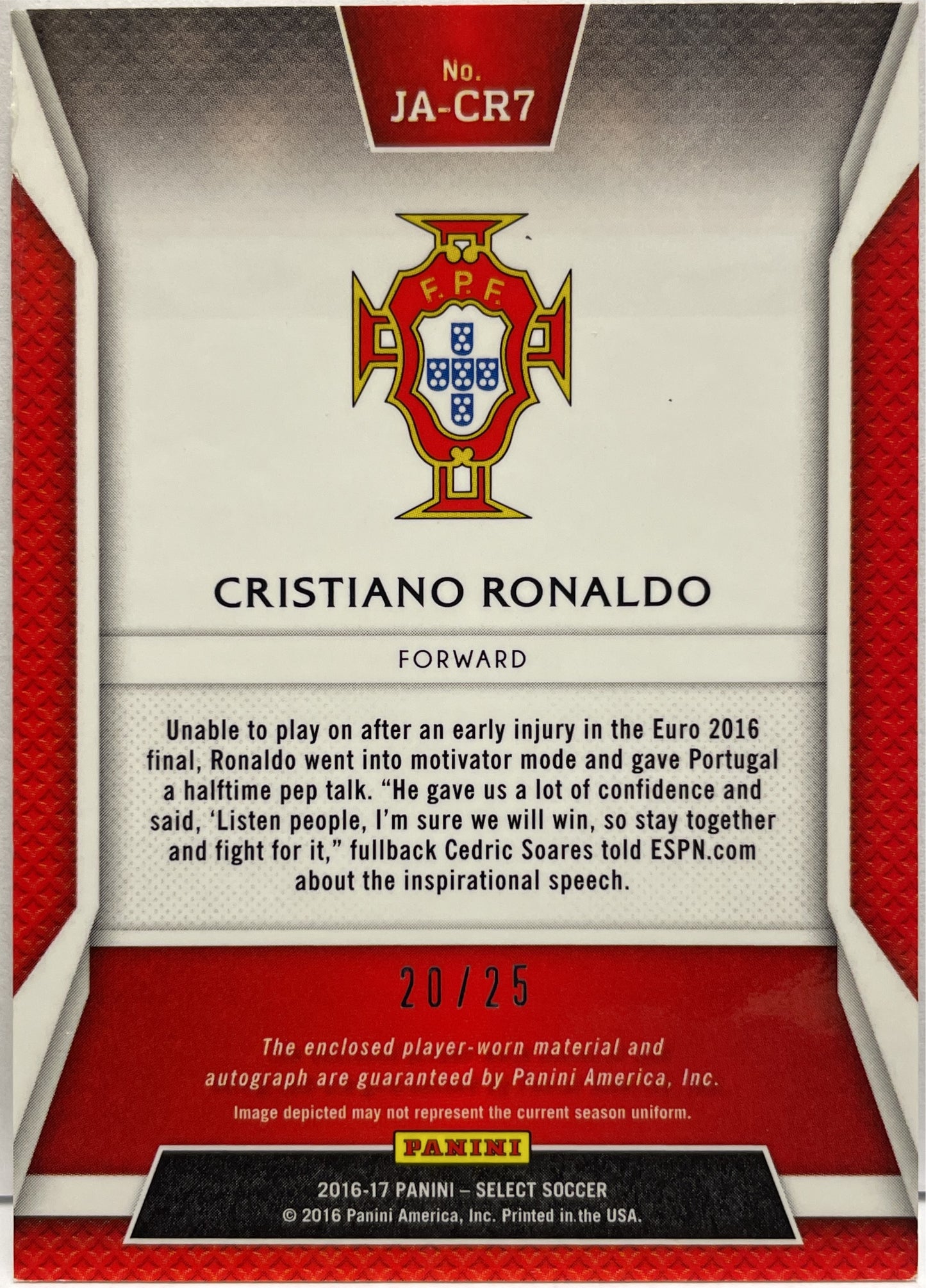 Cristiano Ronaldo 20/25 Patch Worn Autograph Panini Select Fifa 20216/17