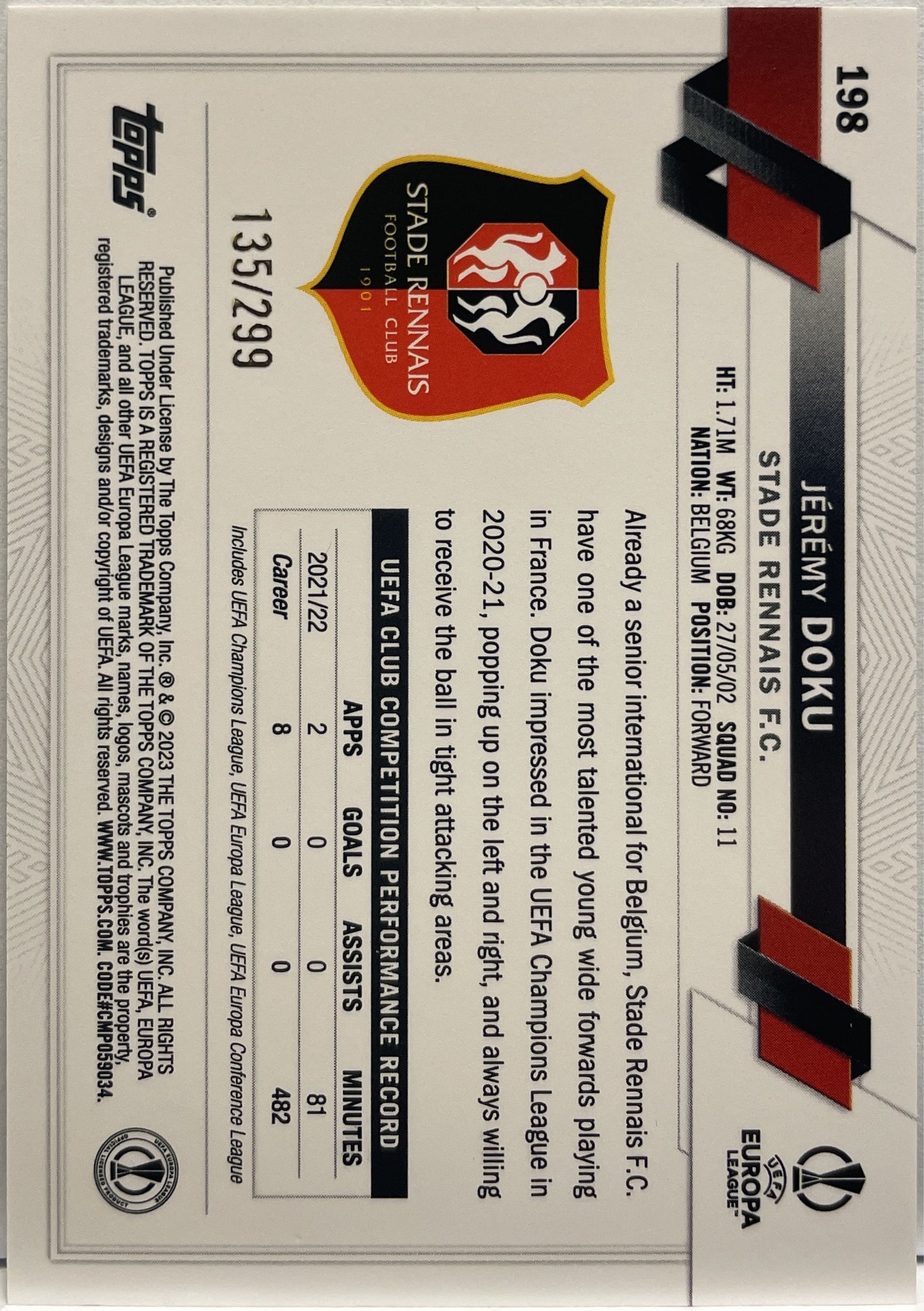 Jeremy Doku 135/299 Yellow Foil Topps UCC 2022/23