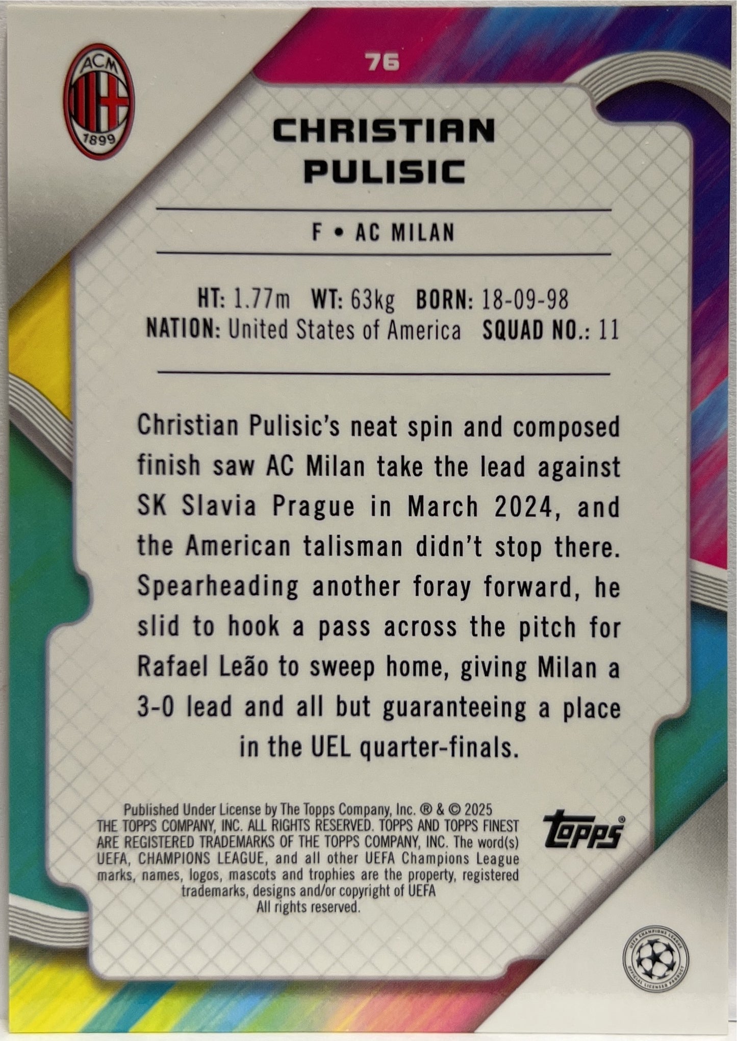 Christian Pulisic 23/25 Orange Topps Finest UCC 2024/25