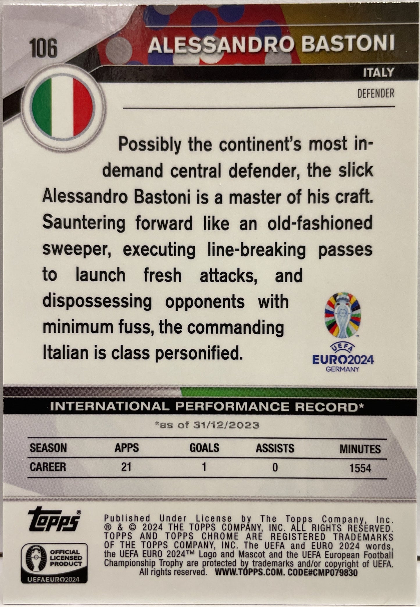 Alessandro Bastoni 24/50 Gold Topps Chrome Euro 2024