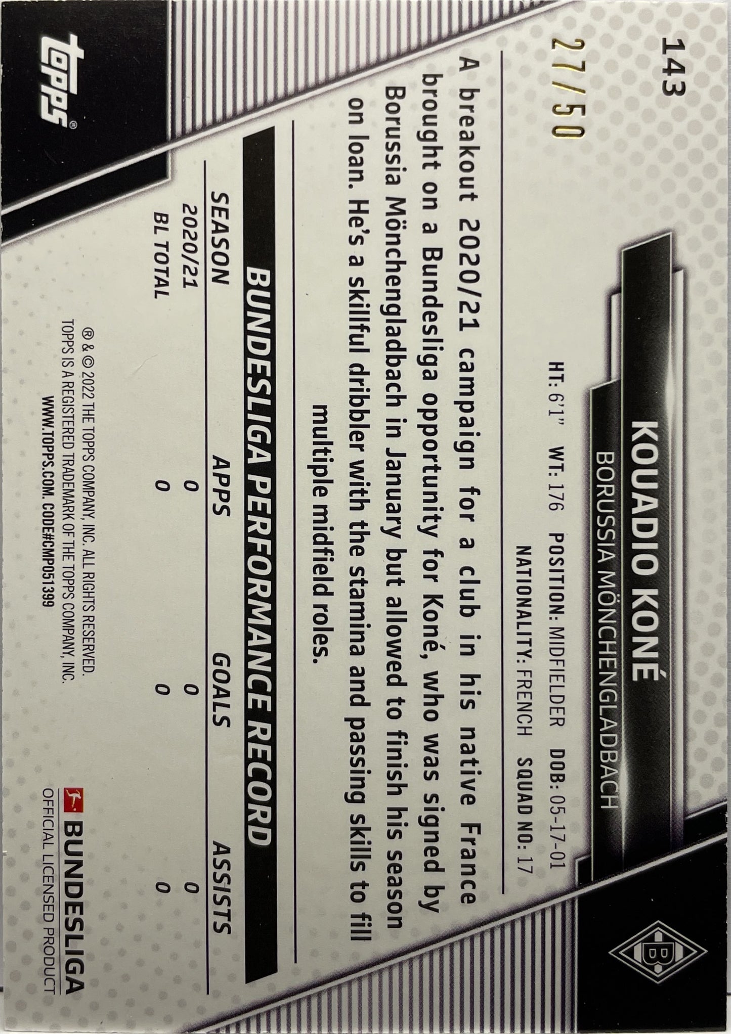 Koaudio Kone 27/50 Rookie Gold Foilboard Topps Bundesliga 2021/22