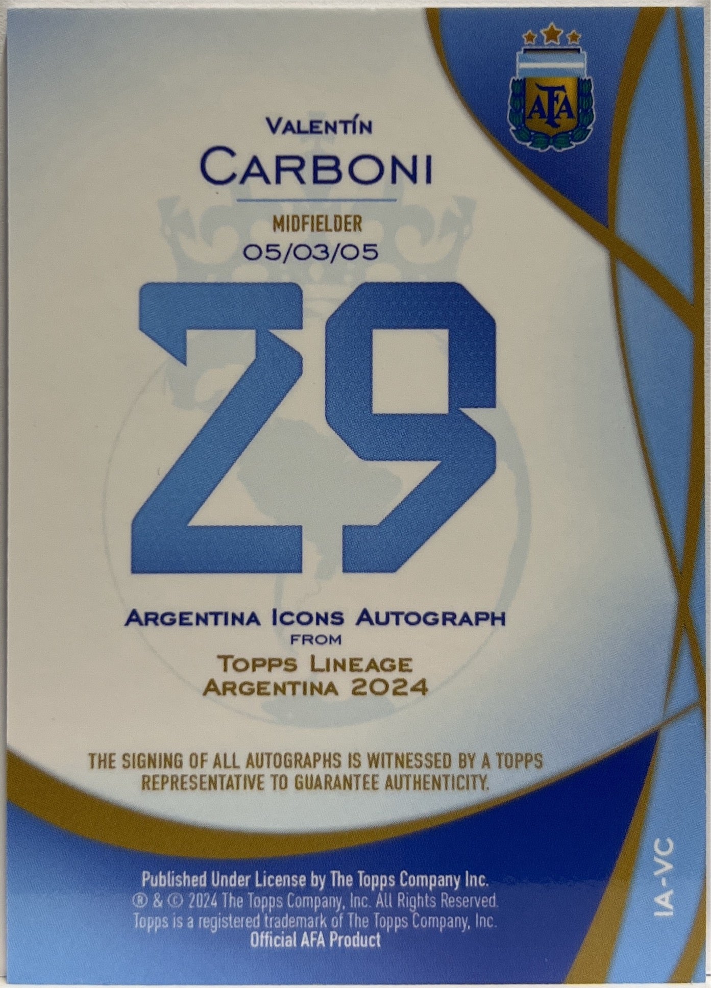 Valentin Carboni Autograph National Debut Topps Lineage Argentina 2024