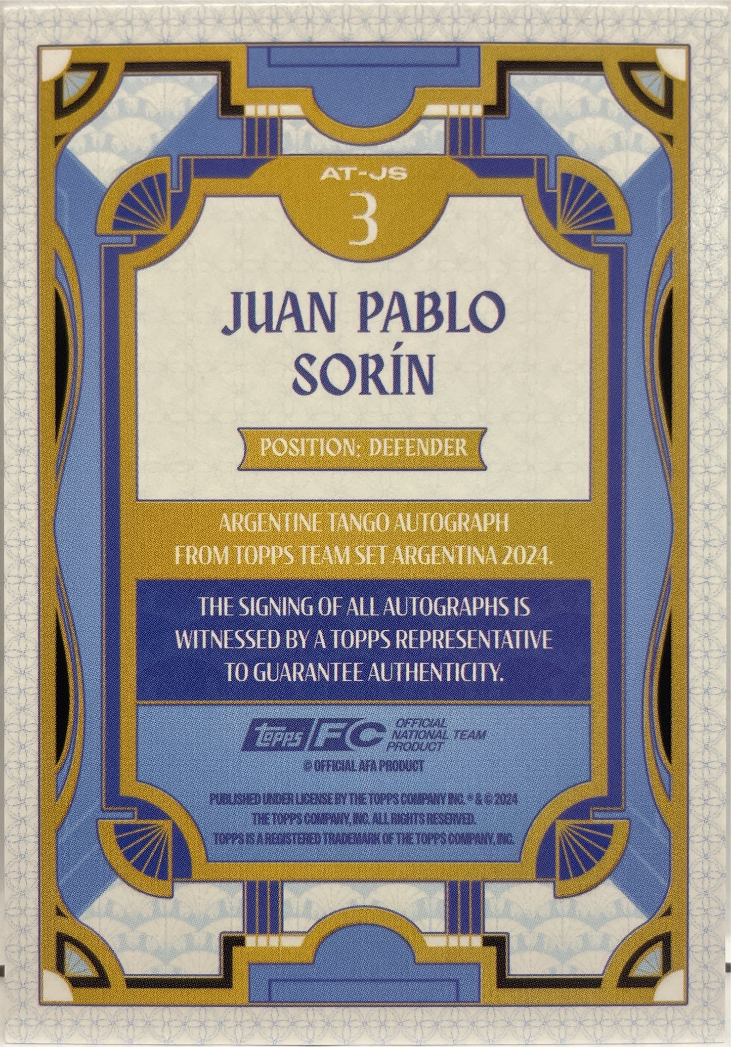 Juan Pablo Sorin 116/250 Autograph Tango Topps Argentina Team Set 2024/25