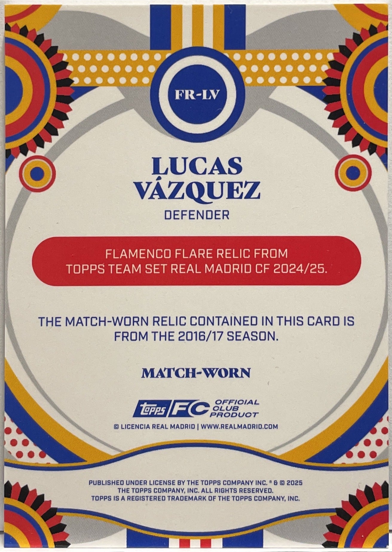 Lucas Vazquez 203/250 Patch Worn Flamenco Relic Topps Real Madrid Team Set 2024/25