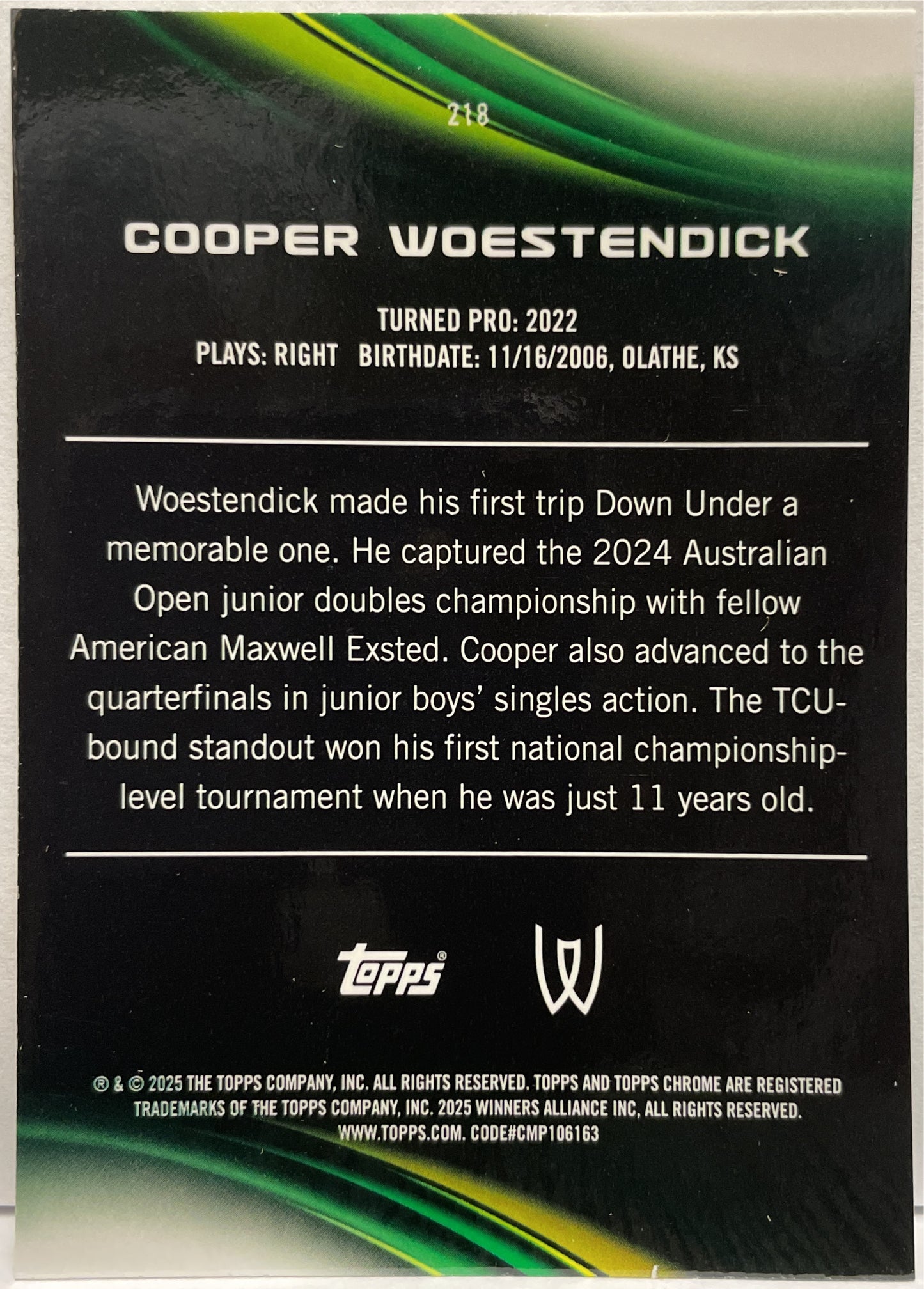 Cooper Woestendick 9/199 Rookie Aqua Topps Chrome Tennis 2025