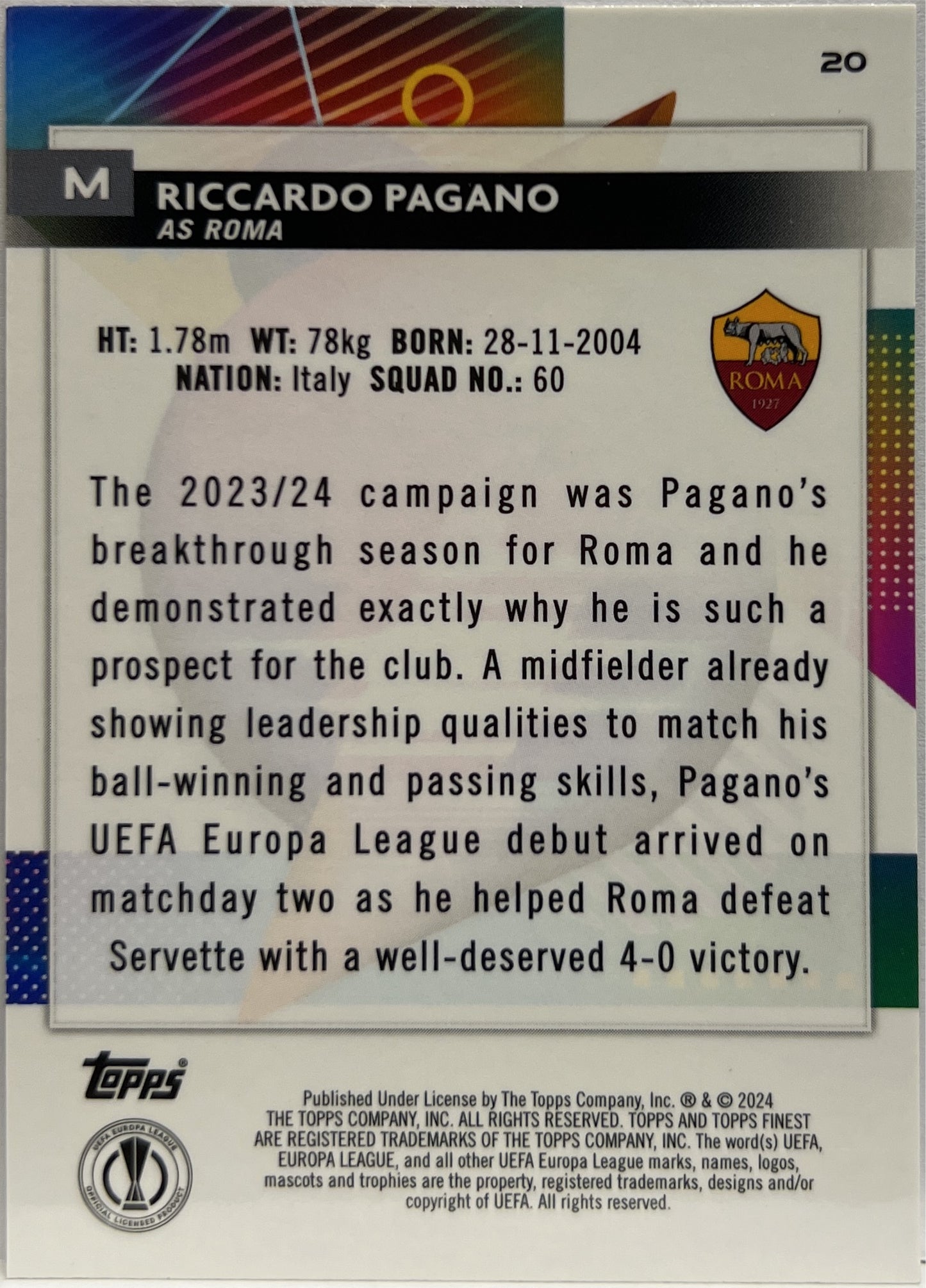 Riccardo Pagano 6/50 Rookie Gold Topps Finest UCC 2023/24