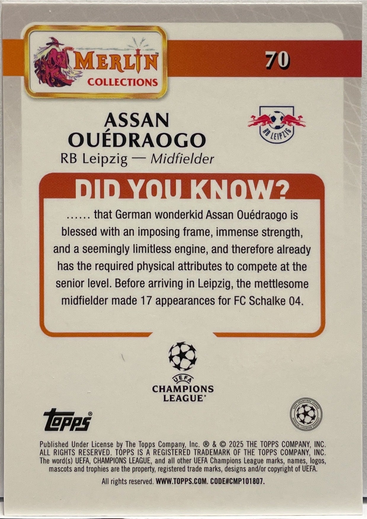 Assan Ouedraogo Rookie Topps Merlin UCC 2024/25