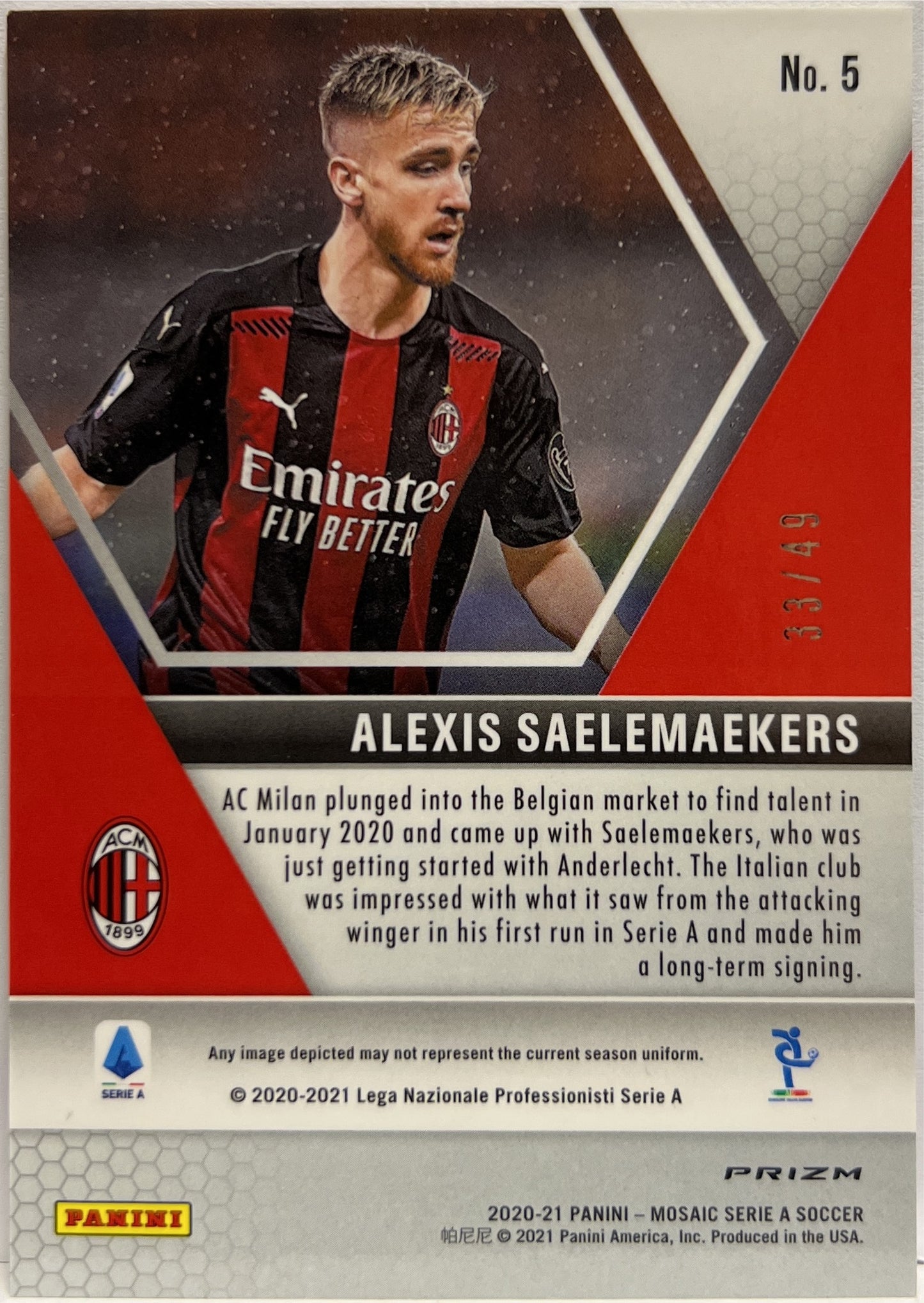Alexis Saelemaekers 33/49 Rookie Purple Mosaic Serie A 2020/21