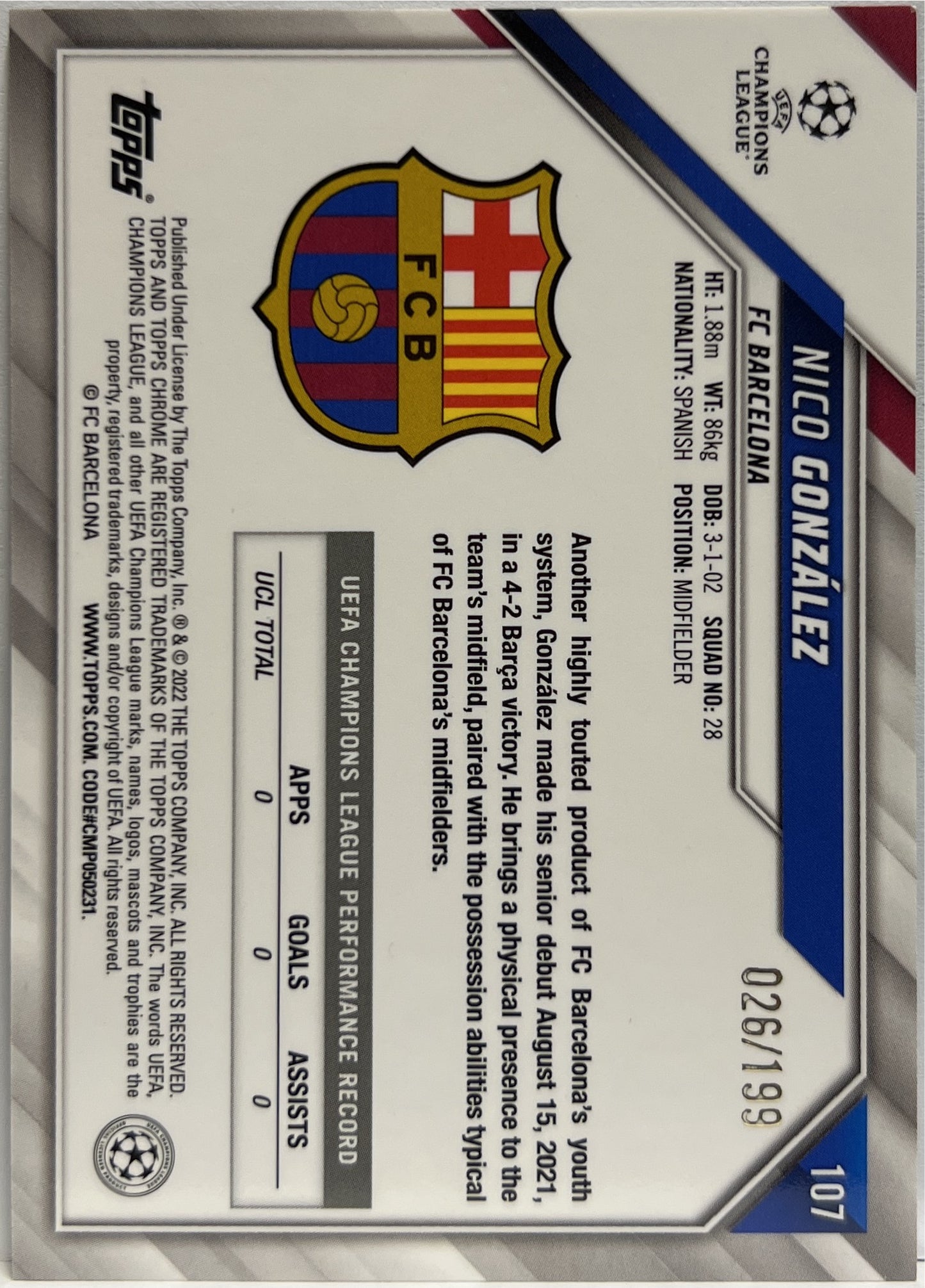 Nico Gonzalez 26/199 Rookie Aqua Wave Chrome UCL 2021/22