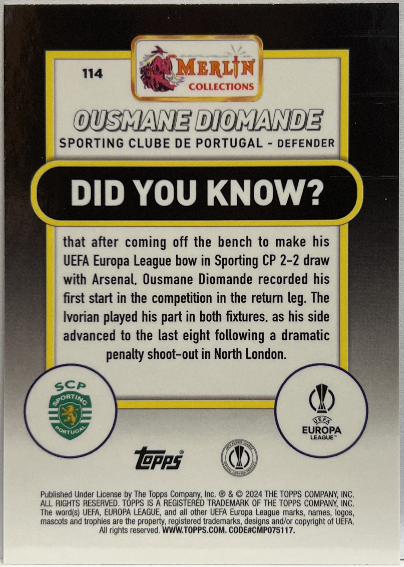 Ousmane Diomande 73/75 Rookie Blue Shimmer Topps Chrome Merlin 2023/24