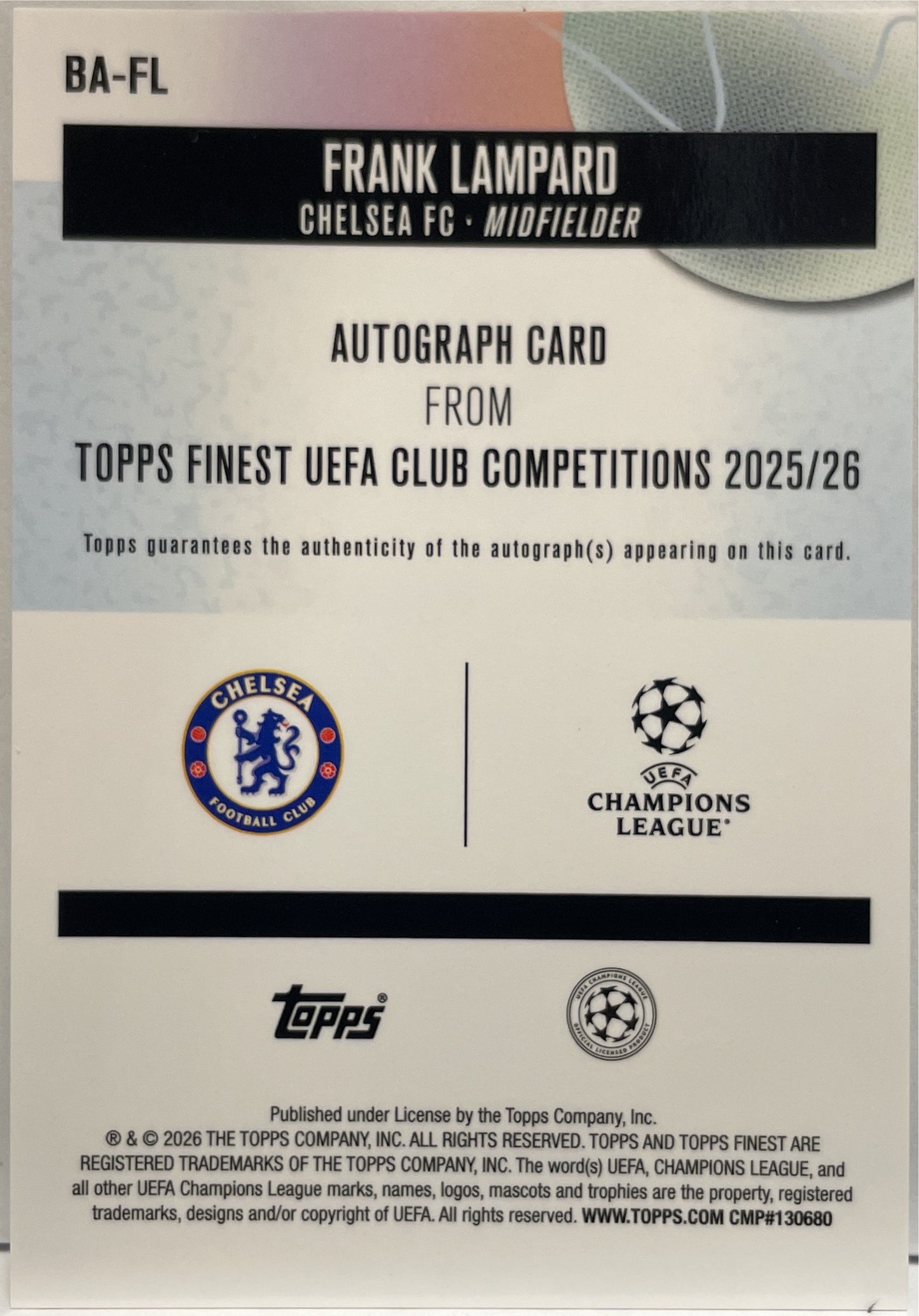 Frank Lampard 17/50 Autograph Gold Topps Finest UCC 2025/26